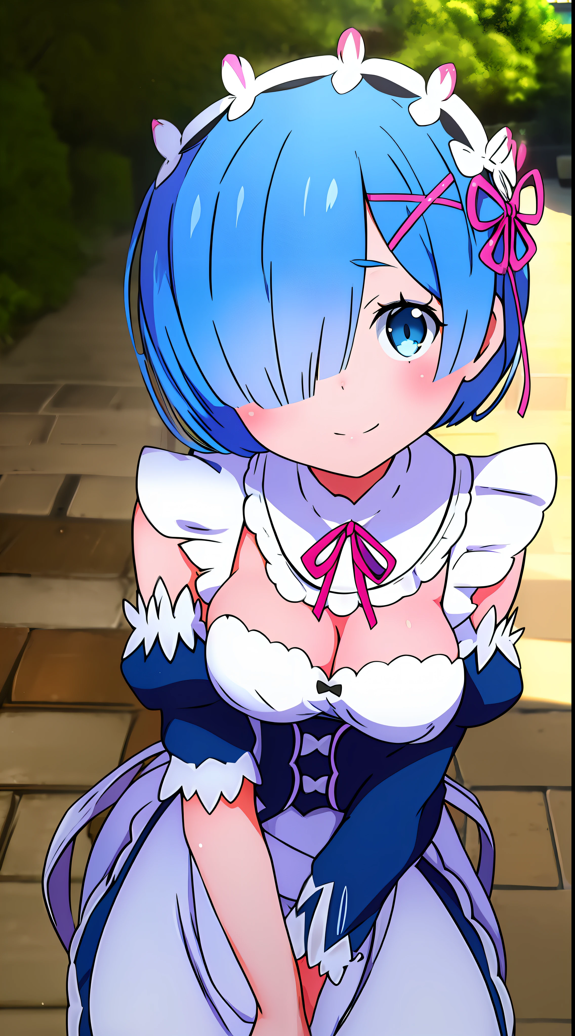 remrezero, 1girl, solo, breasts, looking at viewer, blush, smile, short hair, blue eyes, hair ornament, ribbon, blue hair, outdoors, detached sleeves, hair over one eye, maid, maid headdress, x hair ornament, pink ribbon, roswaal mansion maid uniform, photo background