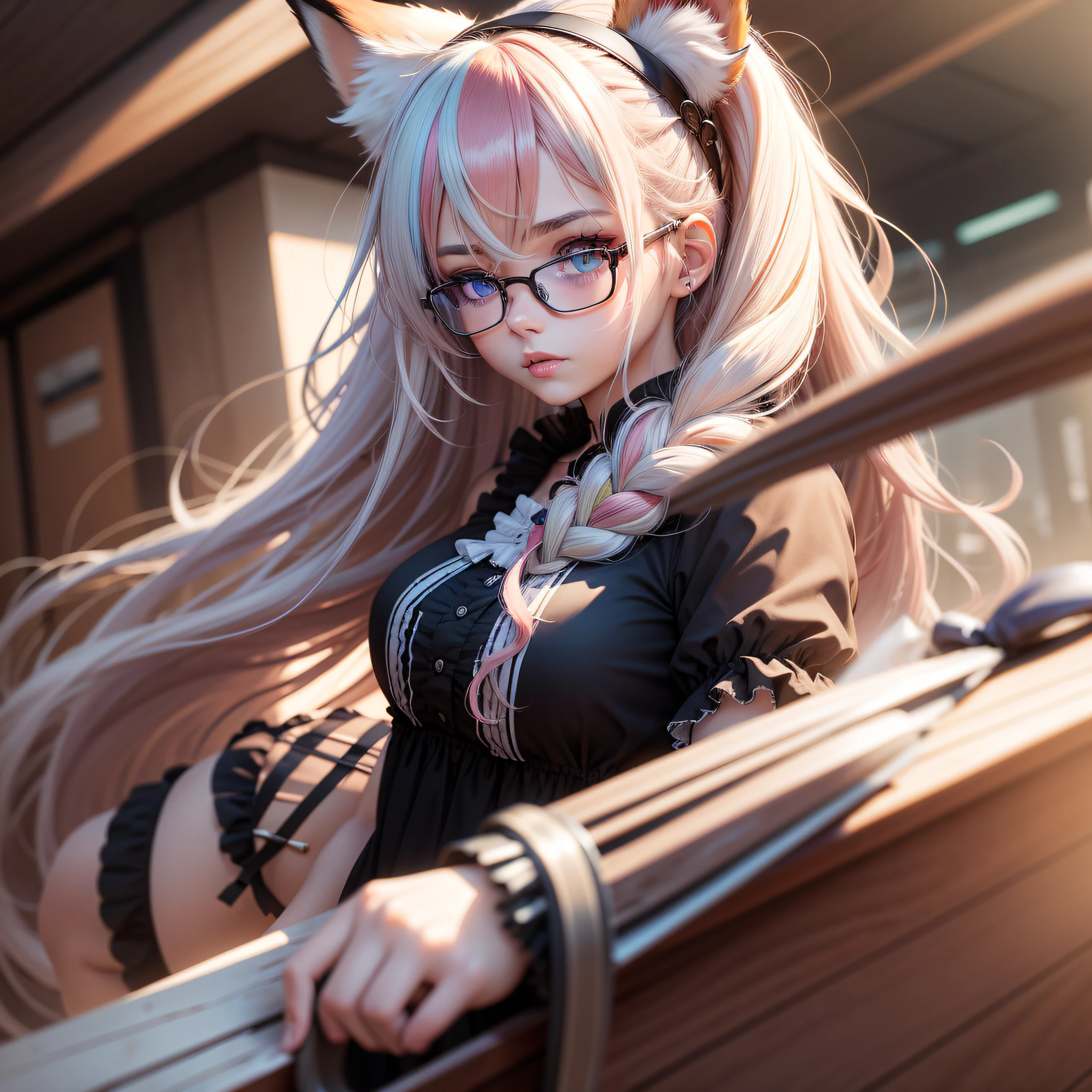 streaked hair, hairpods, rimless eyewear, ta hairband, heterochromia, fox ears, anime, Romanticism, motion lines, stereogram, 16k, best quality, high details, super detail, high quality