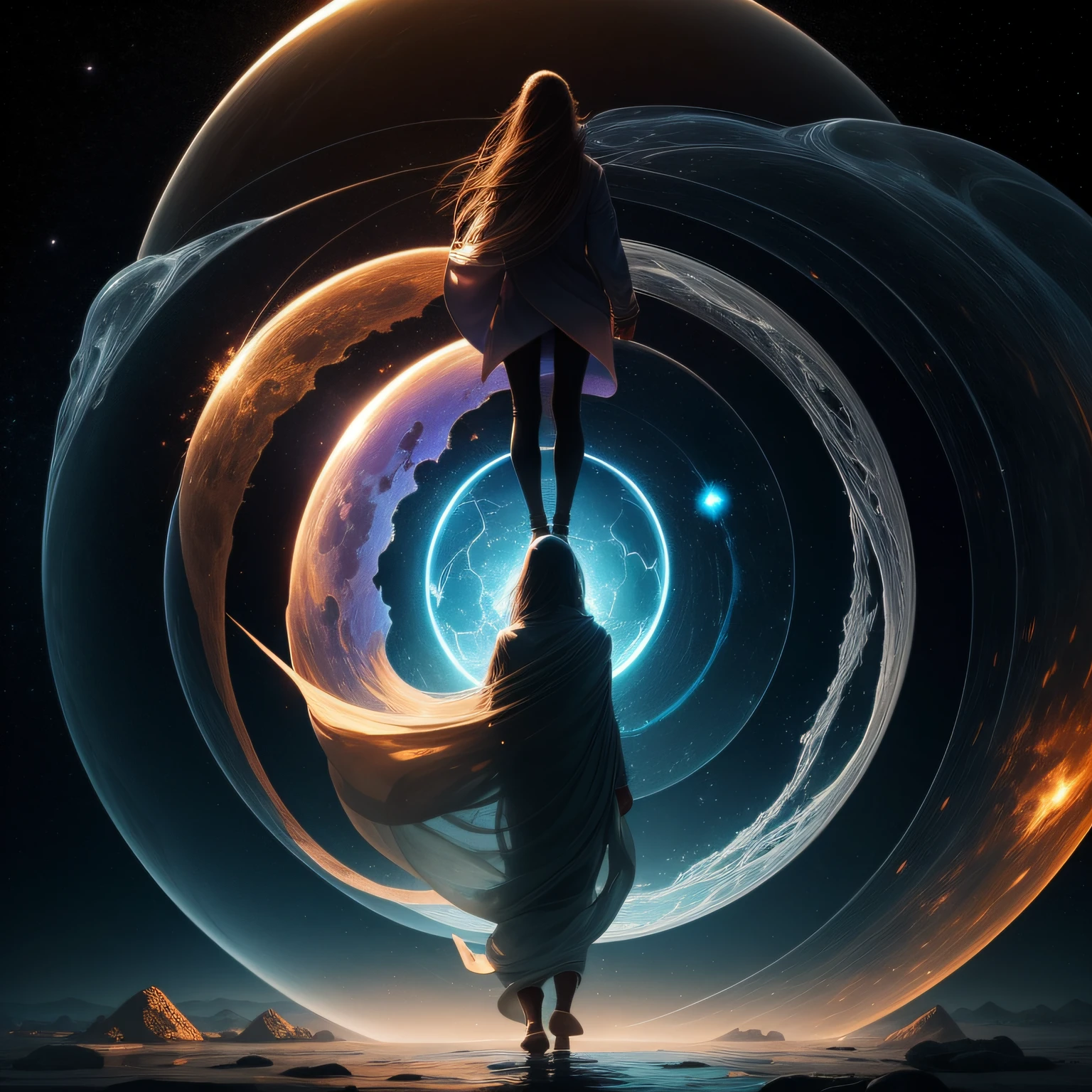 a person emerging from an endless hourglass, wrapped in the flow of time, and space in an infinite universe, and the five elements of nature, earth, water, fire, air, and ether