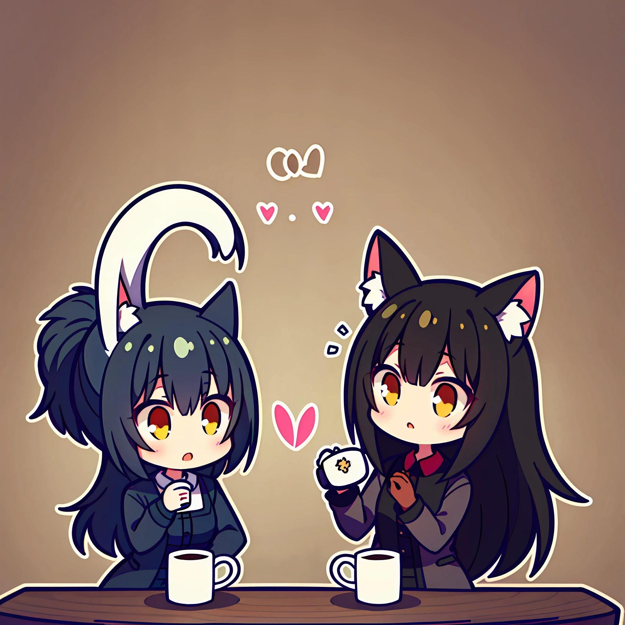 2girls，White hair and red eyes，Black hair single ponytail yellow eyes，expressiveless，tchibi，Cat ears，，Yuri，coffee mug，symmetrical poses，coda，Head rubbing，in mug，Speaking heart，