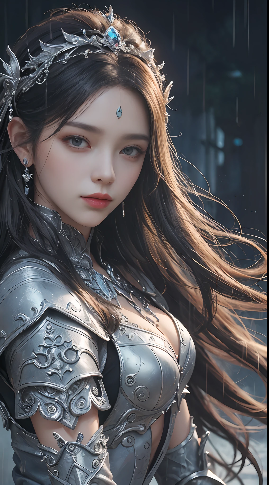 Close-up of a woman in a silver blue dress, realistic Art Station, hard raining scene, Detailed Fantasy Art, Stunning Character Art, Epic Exquisite Character Art, Beautiful Armor, Extremely Detailed, blue armor Girl, Headdress and Jewelry, whole body capture,