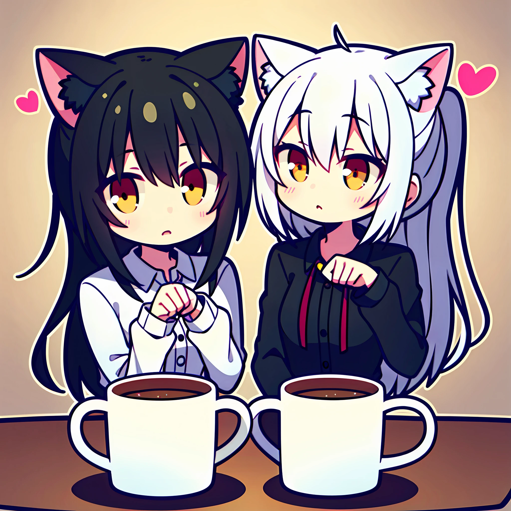 2girls,White hair and red eyes,Black hair single ponytail yellow eyes,expressiveless,tchibi,Cat ears,,Yuri,coffee mug,symmetrical poses,coda,Head rubbing,in mug,Speaking heart,