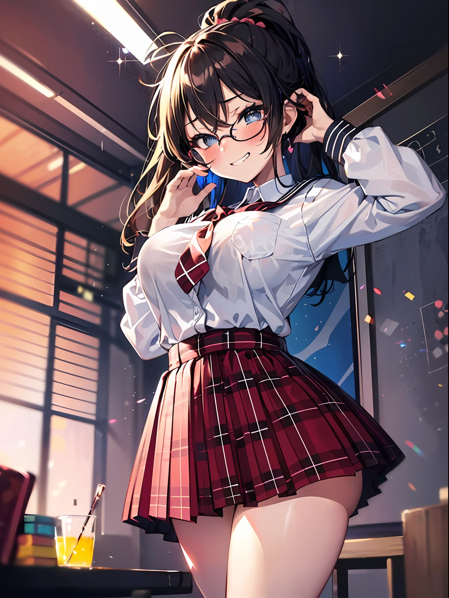 ((masterpiece)), ((Best Quality)), (Ultra-detailed), ((kawaii)), (Cute), (lovely), ((Sexy)), (Ero), ((Extremely detailed)), 4K, (8K), Best Quality, (Beautiful), Illustration, Anime style, Painting, Dynamic Angle, (Cowboy Shot:1.2), (female masturbation:1.2), (from wildcard:1.4), heavy outline, clear outlines, Gradation, (full body focus), school classroom, (night), Cute little girl,1girl in, Solo, school uniform, Beautiful random colored eyes, ((Beautiful eyes)), Slightly wheat-colored skin, random hair style, Buttocks, (large breast), dark rimmed glasses, (smirk:1.2), grin, (blush:1.5), sparkling effect, Lens Flare, shiny-glistening, gleaming