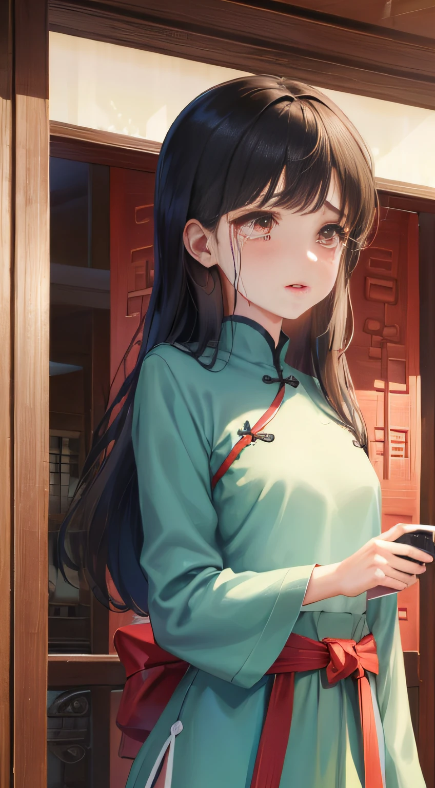 1 girl, Long hair, Black hair,weeping,China-style，asiagirl，ancient wind，Bigchest, Thin waist, Red lips ,Game CG，Best quality ，8K