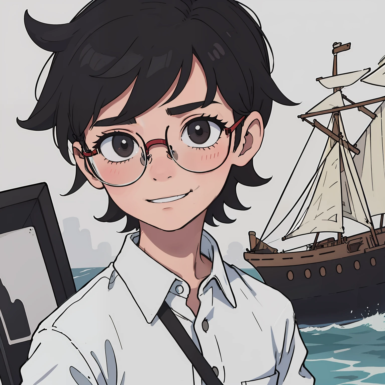 A painting of a boy with black hair and a white shirt, boy wearing spectacles，He has short black hair that resembles a ship，Be red in the face，ssmile，eye glass