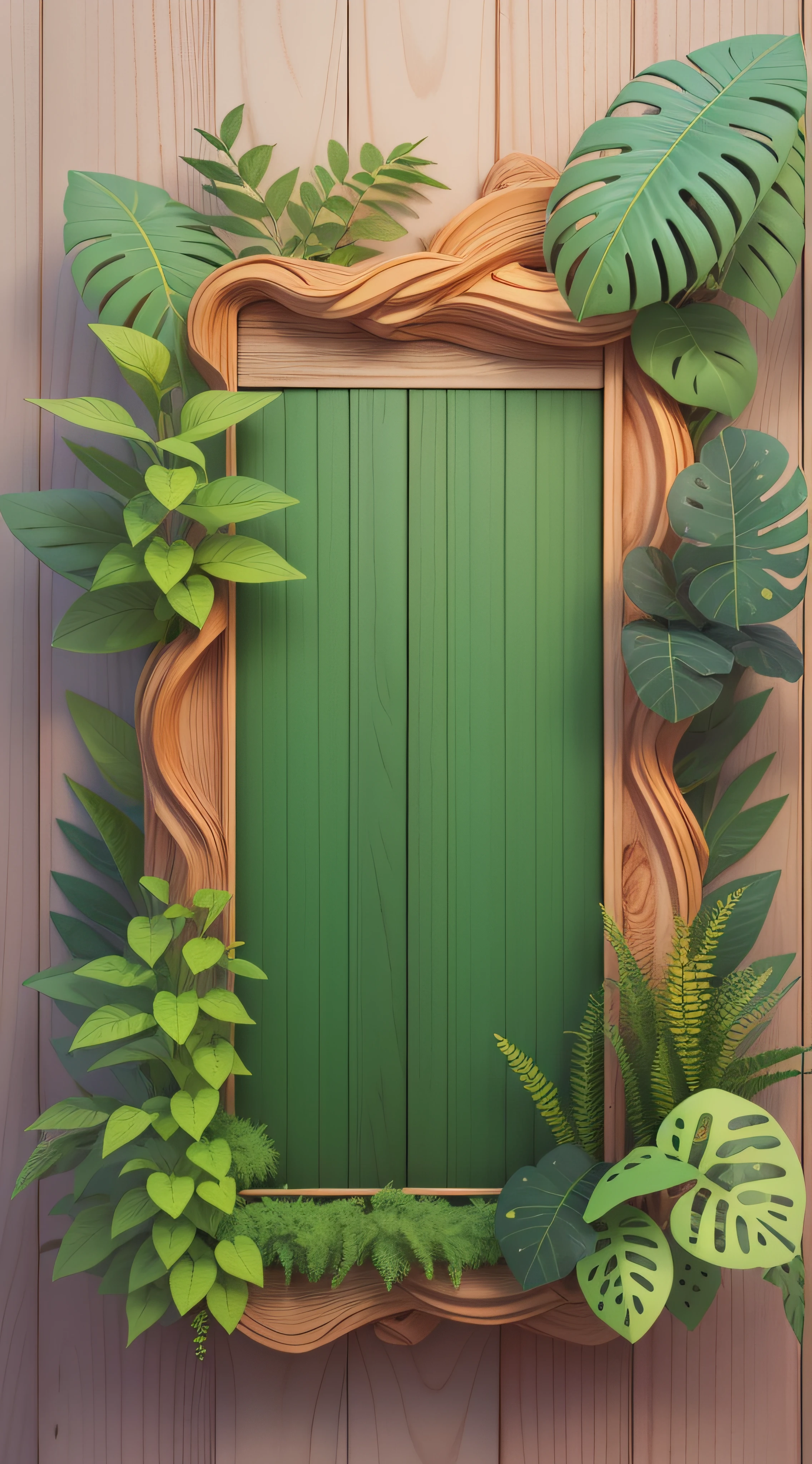 highly detailed 3D render symmetrical vertical rectangle wood blank sign, with plants around, kids cartoon style, high detailed textures, soft smooth textures, violet green orange color gradient in background.