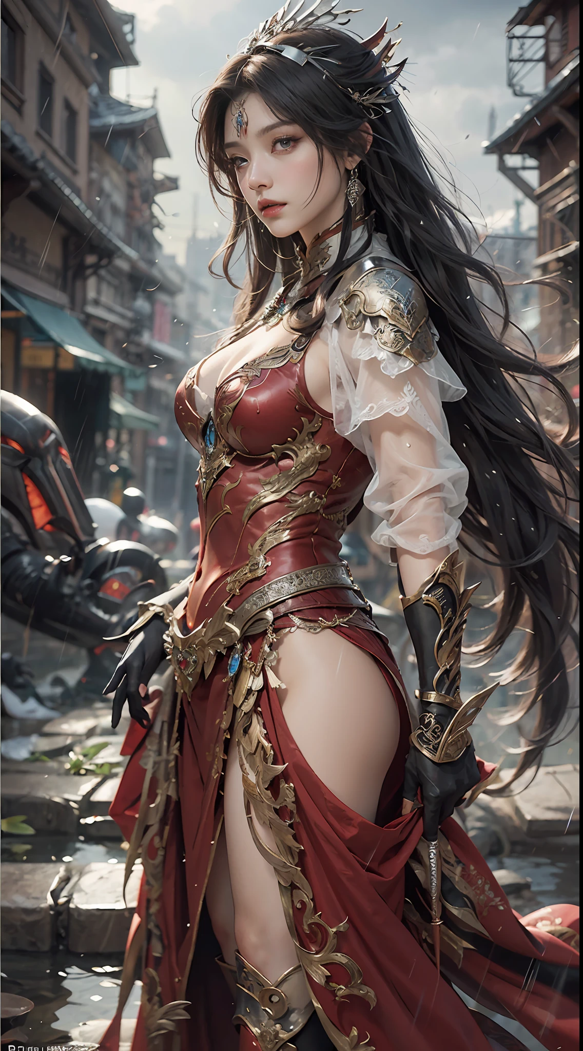 a woman in a red dress, realistic Art Station, hard raining scene, Detailed Fantasy Art, Stunning Character Art, beautiful Exquisite Character Art, Beautiful black Armor, Extremely Detailed, red armor Girl, Exquisite Intricate Headdress and Jewelry, whole body capture