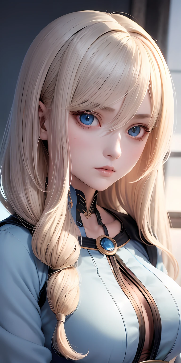 anime styled、One Person18Beautiful woman of age、Moisturized and beautiful eyes、ciri、a picture、androgynous hunnuman、oval jaw、Delicate features、Beautiful expression、Beautiful blonde hair、Long bangs、long pony tail、Blue eyes with a beautiful glow、LDS Art