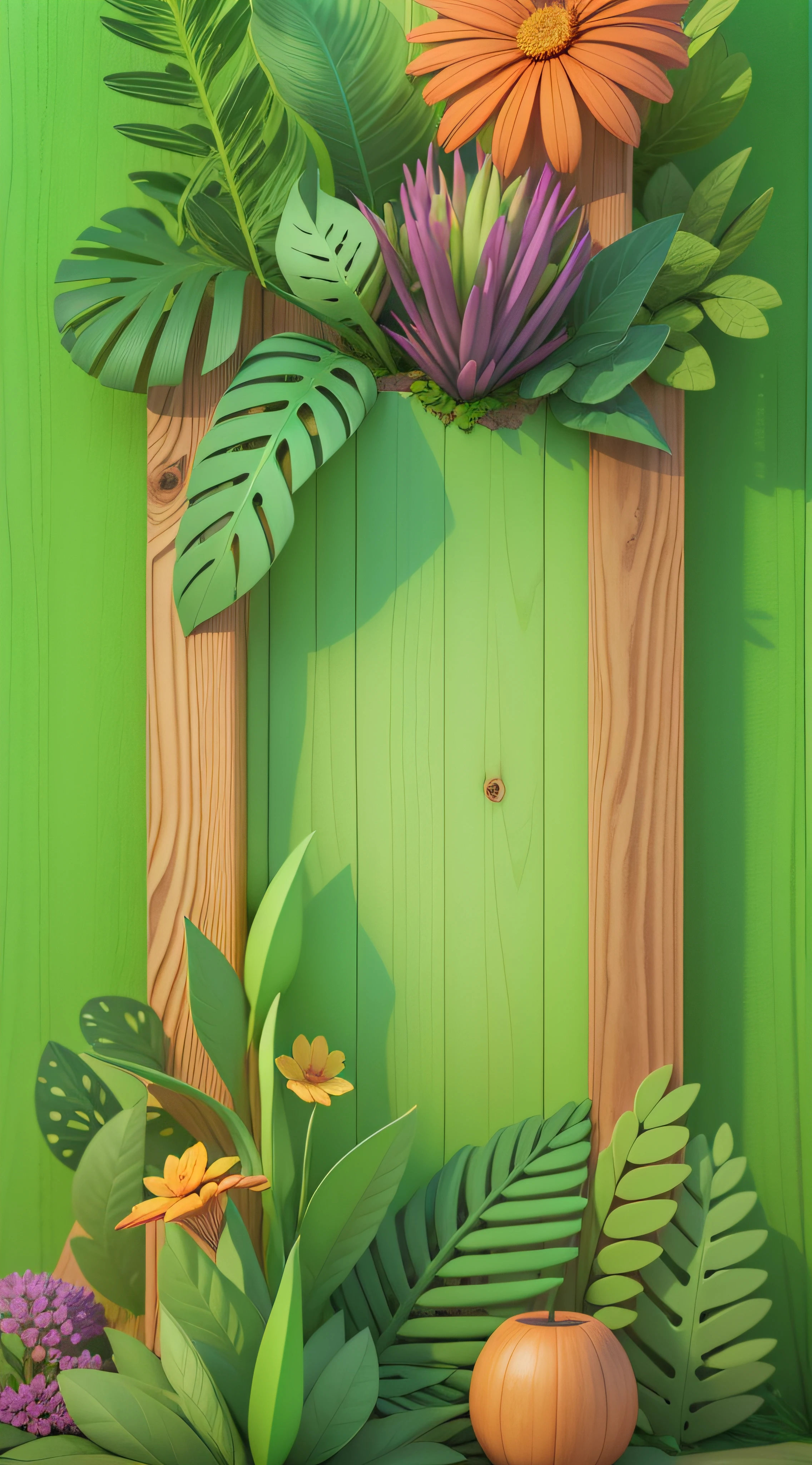 highly detailed 3D render symmetrical vertical rectangle wood blank sign, with plants around, kids cartoon style, high detailed textures, soft smooth textures, violet green orange color gradient in background.