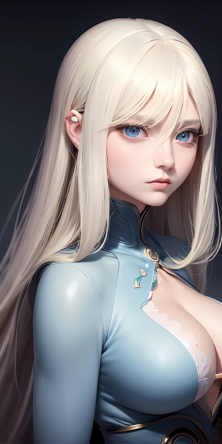 anime styled、One Person18Beautiful woman of age、Moisturized and beautiful eyes、ciri、a picture、androgynous hunnuman、oval jaw、Delicate features、Beautiful expression、Beautiful blonde hair、Long bangs、long pony tail、Blue eyes with a beautiful glow、LDS Art