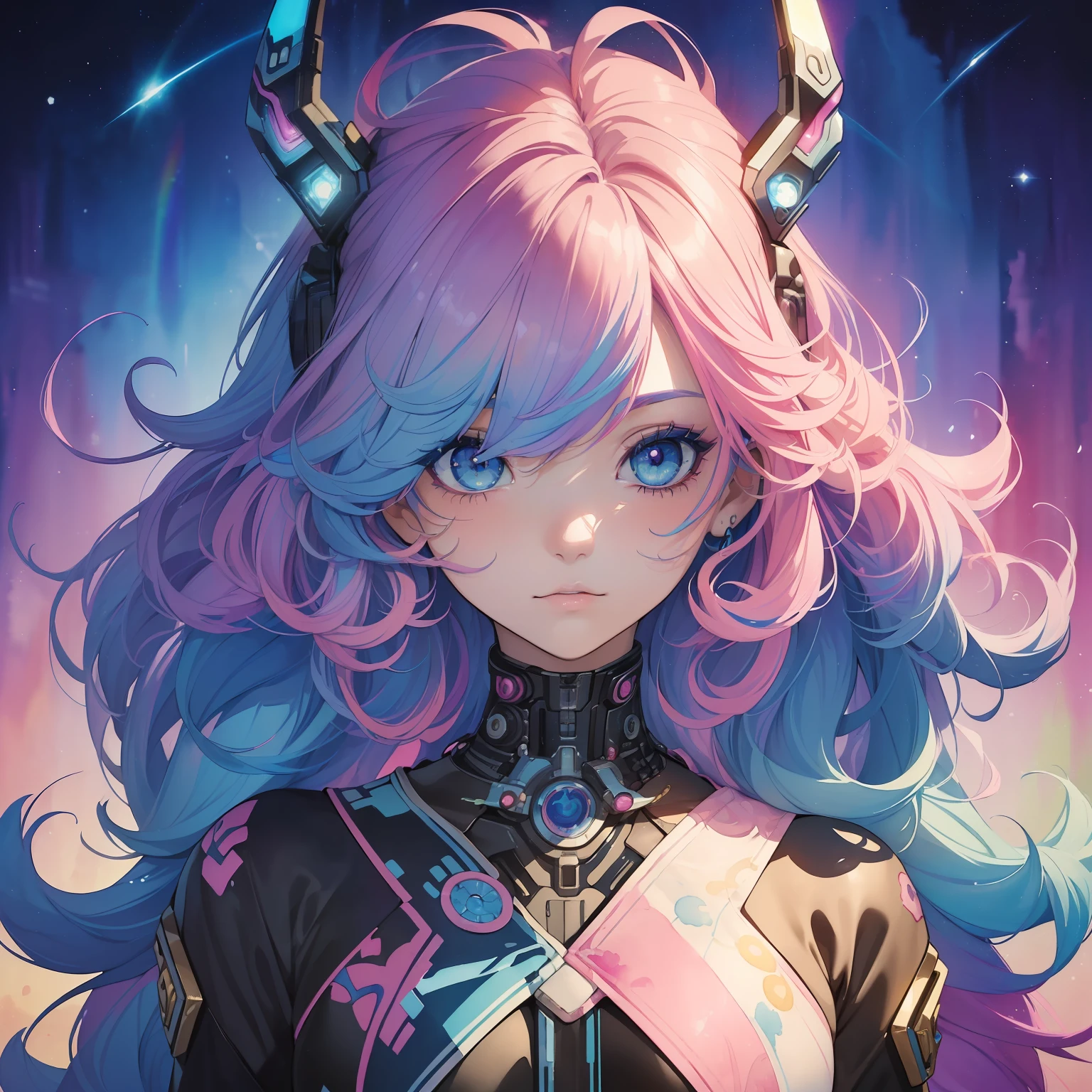 (​masterpiece、top-quality、top-quality、watercolor paiting(Curly)、Official Art、Beautifully Aesthetic:1.2)、(1girl in:1.3)、(cyborgs:1.3)、(pop-art:1.3)、patterns、(rainbow-colored hair、colourful hair、Half blue and half pink hair:1.2)、(kosmos:1.3）