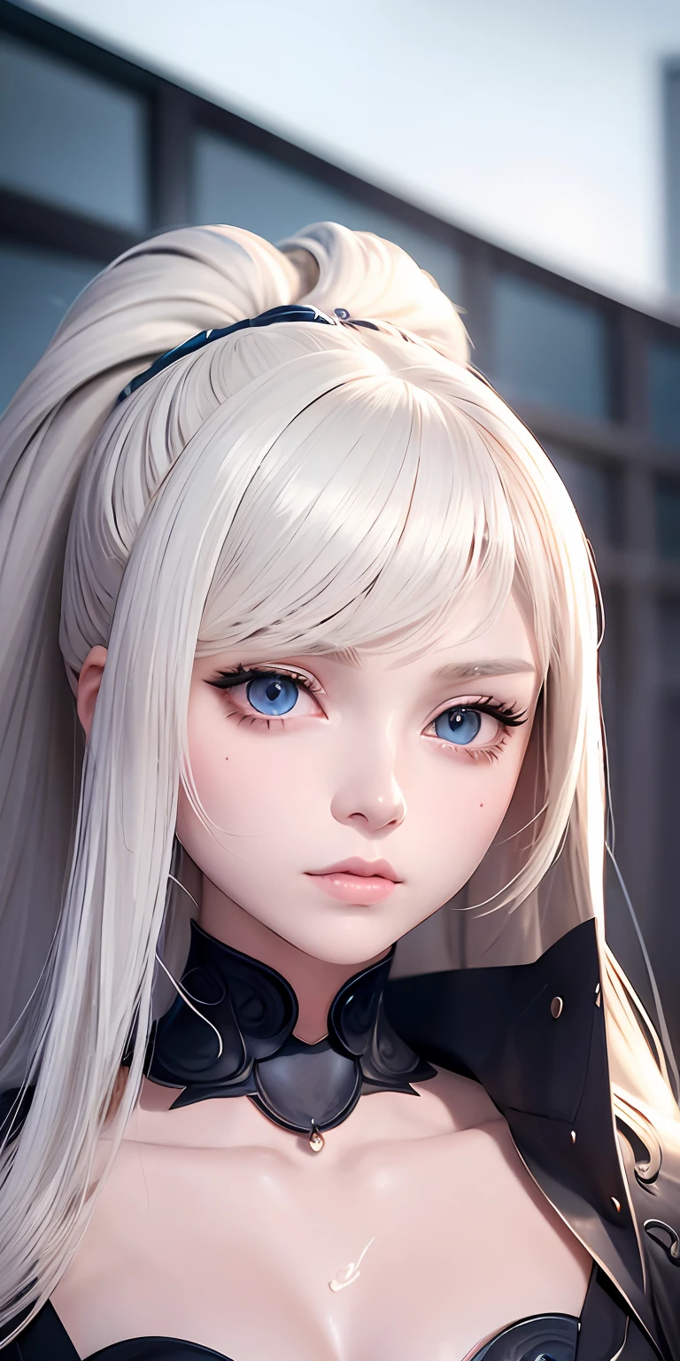 anime styled、One Person18Beautiful woman of age、Moisturized and beautiful eyes、ciri、a picture、androgynous hunnuman、oval jaw、Delicate features、Beautiful expression、Beautiful blonde hair、Long bangs、long pony tail、Blue eyes with a beautiful glow、LDS Art