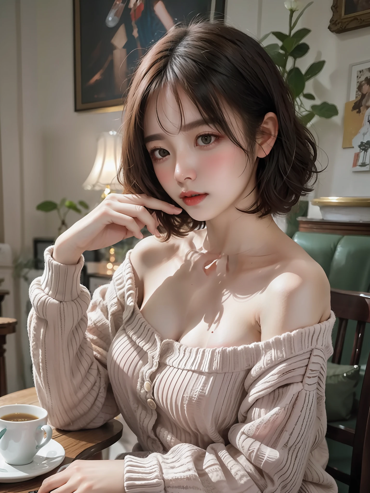 Fantasy. a girl, sitting, bare shoulders, detailed (((loose))) white sweater. large breasts, half body portrait, ((looking at away)), stunningly beautiful, mint bob hair, blush, humble, table, home, hands. highly detailed. Cinematic lighting, (nsfw:1.27)