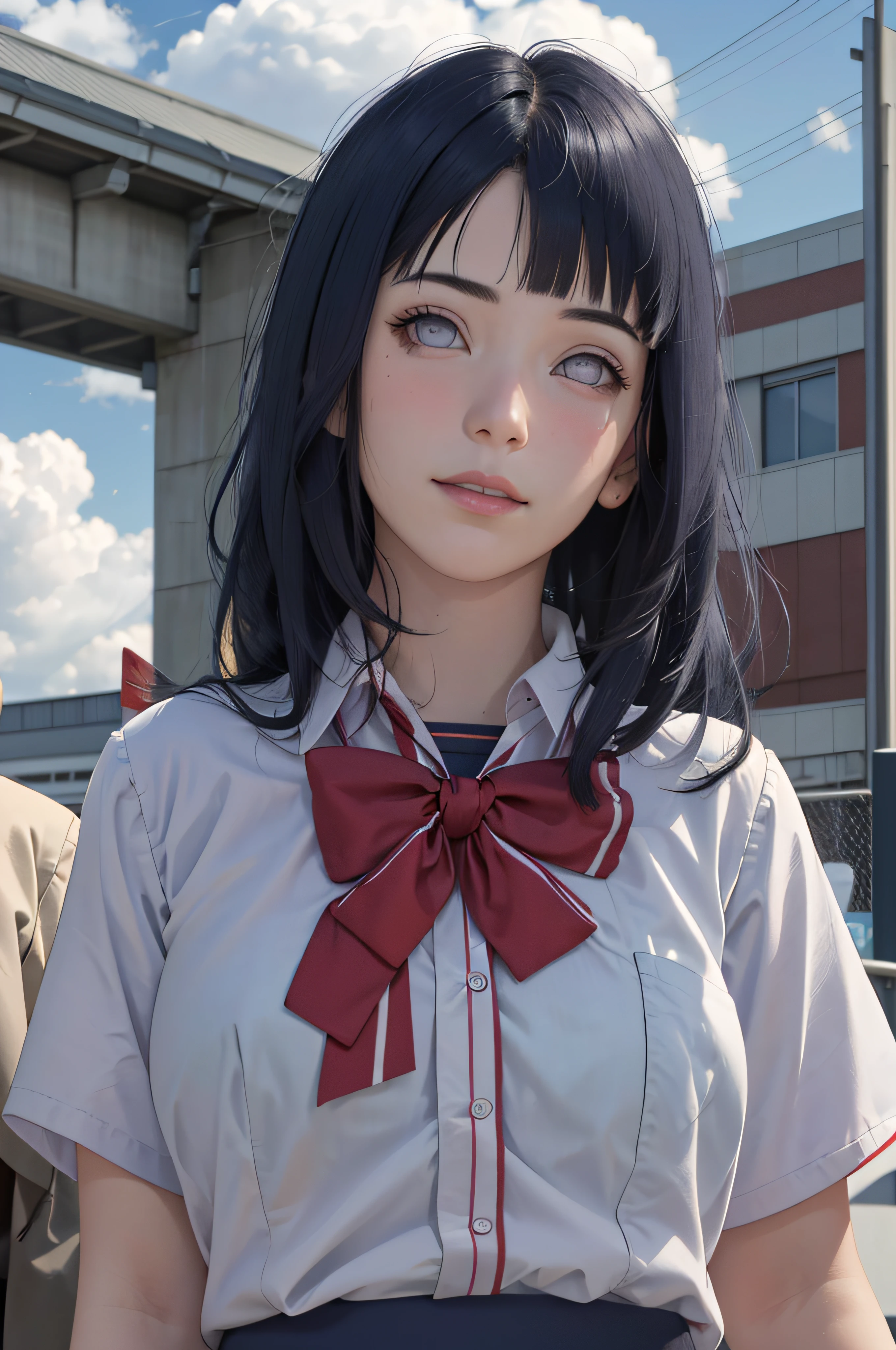 masterpiece, hinata\(boruto\), 1girl, solo, young female, ((((high school uniform)))), (high School), outdoors, looking at viewer, cloudy sky, perfect composition, detailed lips, school building, big breast, beautiful face, body propotion, blush, (pink lips), ((long hair)),  purple eyes,  soft gaze, sad smile,  super realistic, detailed, photoshoot, realistic face and body,  realistic hair, realistic eyes, realistic nose, realistic lips, (((dark blue hair))), 19 years old girl,  flowing skirt