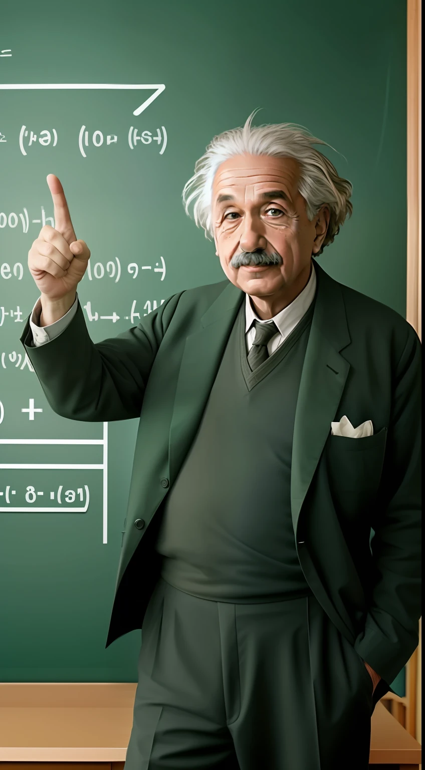 Albert einstein with finger pointing up in library, green chalkboard behind wall with algebra calculations, Front View, staring at the camera, film grain, 20mp, fujifilm, xt3, 80mm, hasselblad