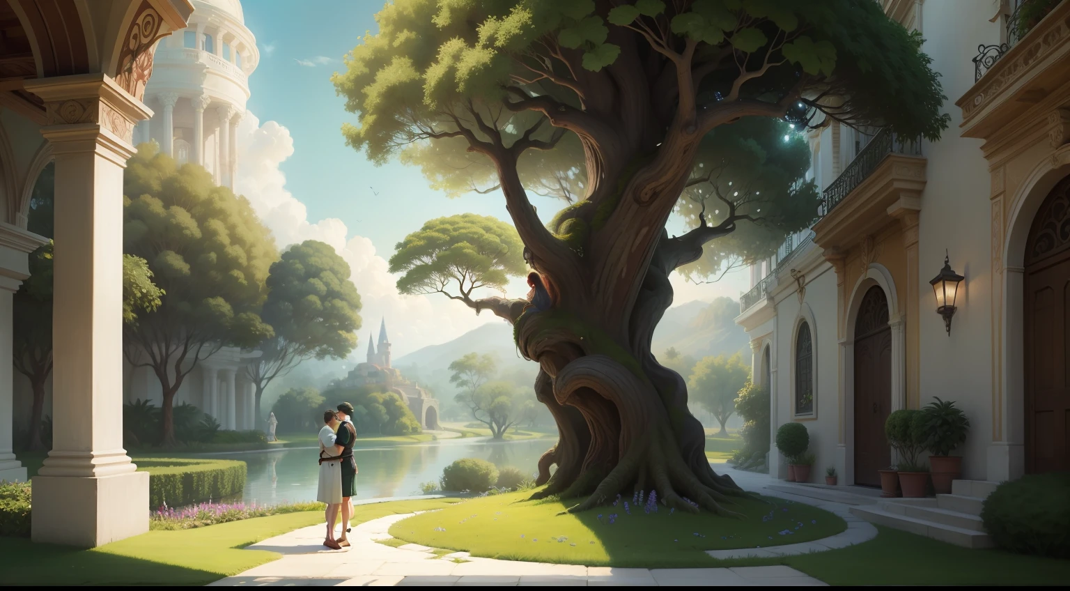 pintura de um casal em um jardim , com uma cobra enrolada na arvore de altaalta qualidade e uma cobra enrolada, garden of eden, the garden of eden, adam and eva, in the garden of eden, manicured garden of eden, adam and eve inside the brain, A Queda do Homem, biblical painting, the tree of life, Tree of Life, beautiful representation