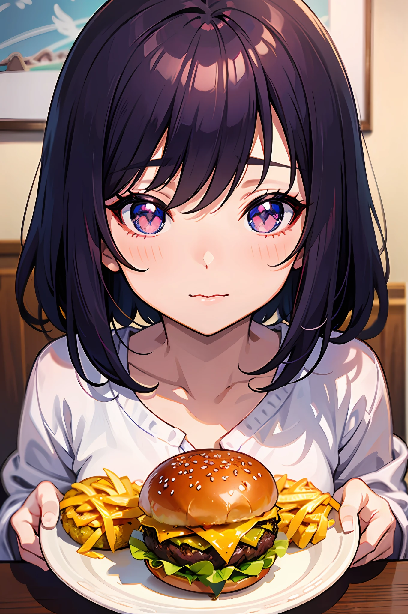 anime girl sitting at a table with a plate of food、Anime-style portraits、portrait anime girl、portrait of cute anime girlbabes、portrait of cute anime girlbabes、a beautiful anime portrait、Anime visuals of cute girls、portrait of cute anime girlbabes、Short blue-haired girl、Anime Style 4K、portrait of anime girl、Digital Animation Illustration、anime portrait、 pretty anime girl,((hamburgers)),Large pink sparkling eyes --auto