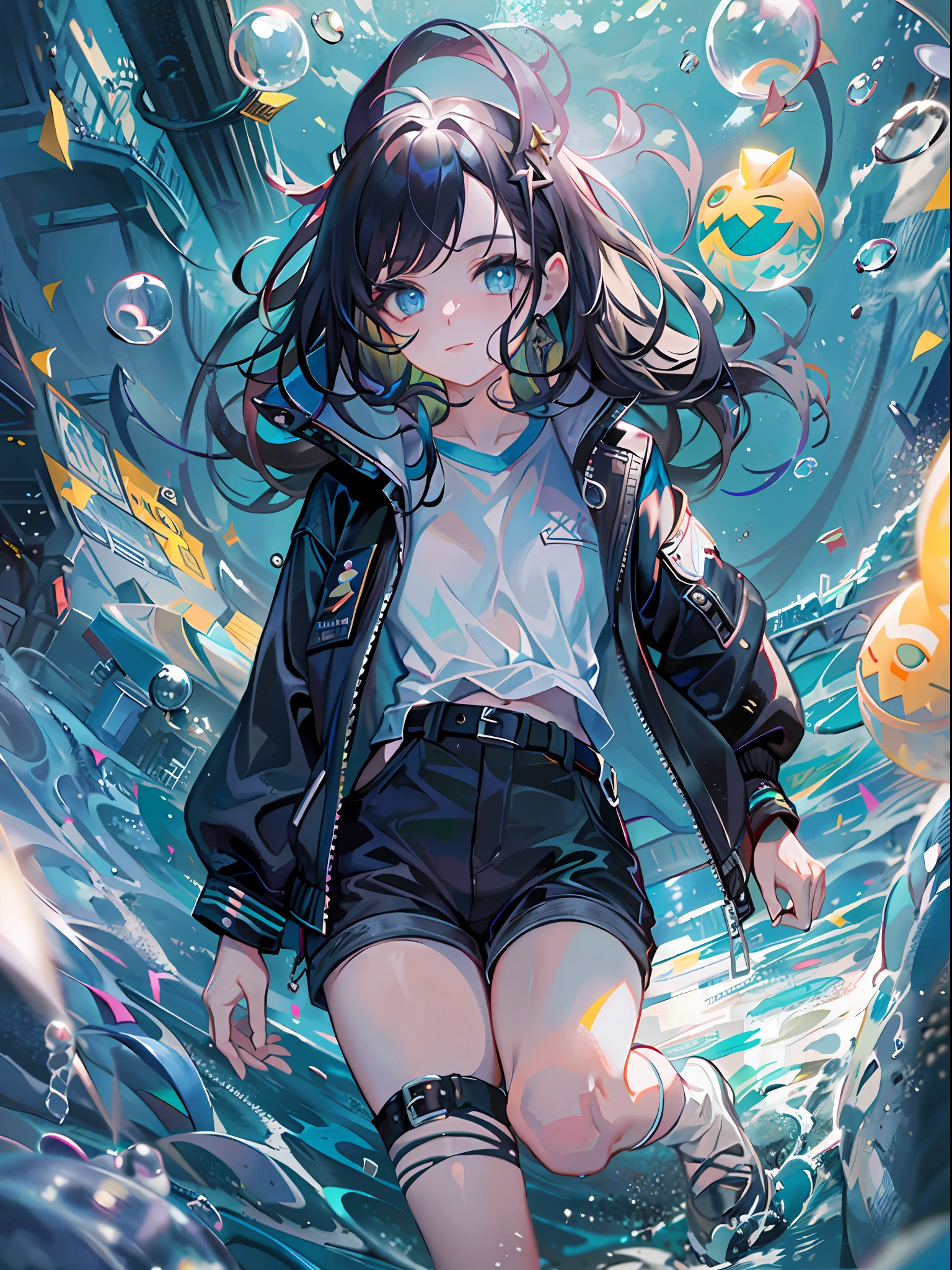 ((top-quality)), ((masterpiece)), ((ultra-detailliert)), (extremely delicate and beautiful), girl with, 独奏, cold attitude,((Black jacket)),She is very(relax)with the(Settled down)Looks,A dark-haired, depth of fields,evil smile,Bubble, under the water, Air bubble,bright light blue eyes,Inner color with black hair and light blue tips,Cold background,Bob Hair - Linear Art, shortpants、knee high socks、Camisole inner shirt、Hands in pockets