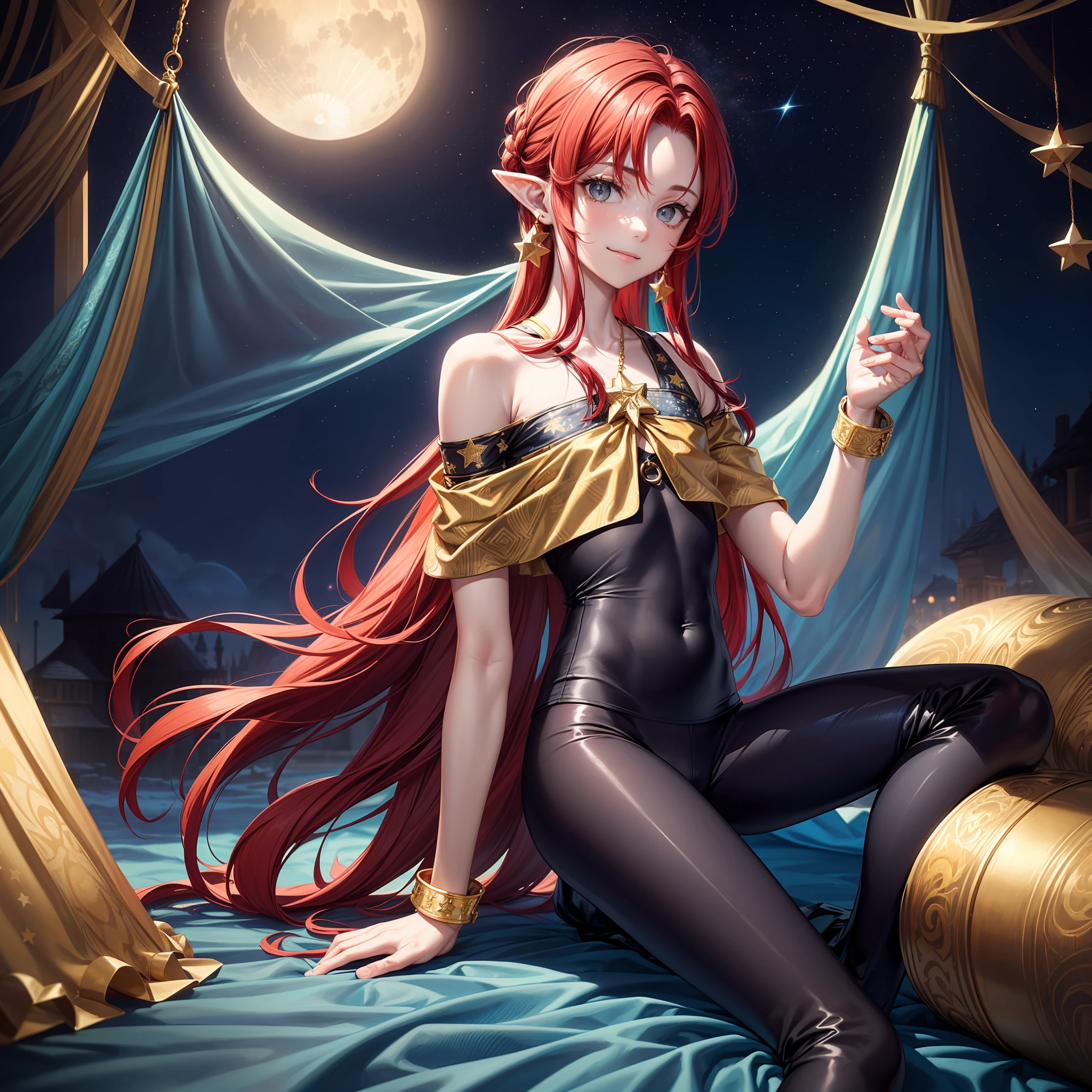 young man, (((male))), man, (((one person))), (((single))), (((solo))), ((1guy)), (((very pale skin))), ((pale skin)), (((red hair))), ((red colored hair)), (((grey colored eyes))), long hair, (((slim body))), slender body, slim figure, twink, (((flat chest))), (((fantasy style))), ((black colored fabric)), (((indigo colored fabric))), ((dark blue colored fabric)), (((patterns on leggings))), (((magical patterns on clothes))), (((fantasy patterns on clothes))), ((wearing tight leggings)), (wearing patterned leggings), (golden patterns), ((wearing golden accessories in his hair)), ((golden jewellery)), ((pointy ears)), (((grey eyes))), smooth skin, stars ornaments, sun moon ornaments, stars decoration, (male face), smiling, circus tents in the background, nighttime, sitting by a campfire, a few trees, patterned fabric draped on the ground, circus in the background, holding up a small star ornament on a string