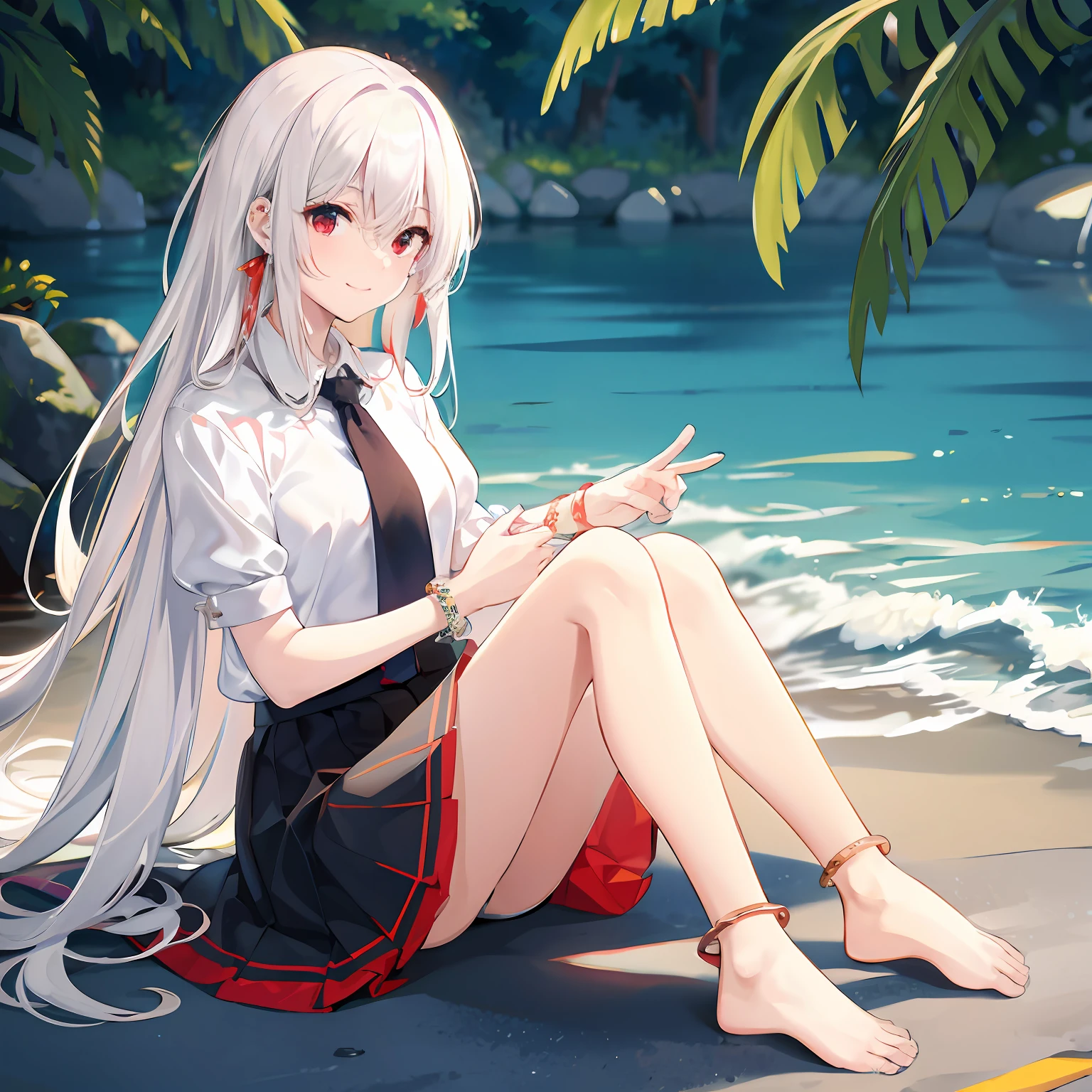 whaite hair,dishiveredhair,Red eyes,耳Nipple Ring,ssmile,white shirt,short skirt,Barefoot