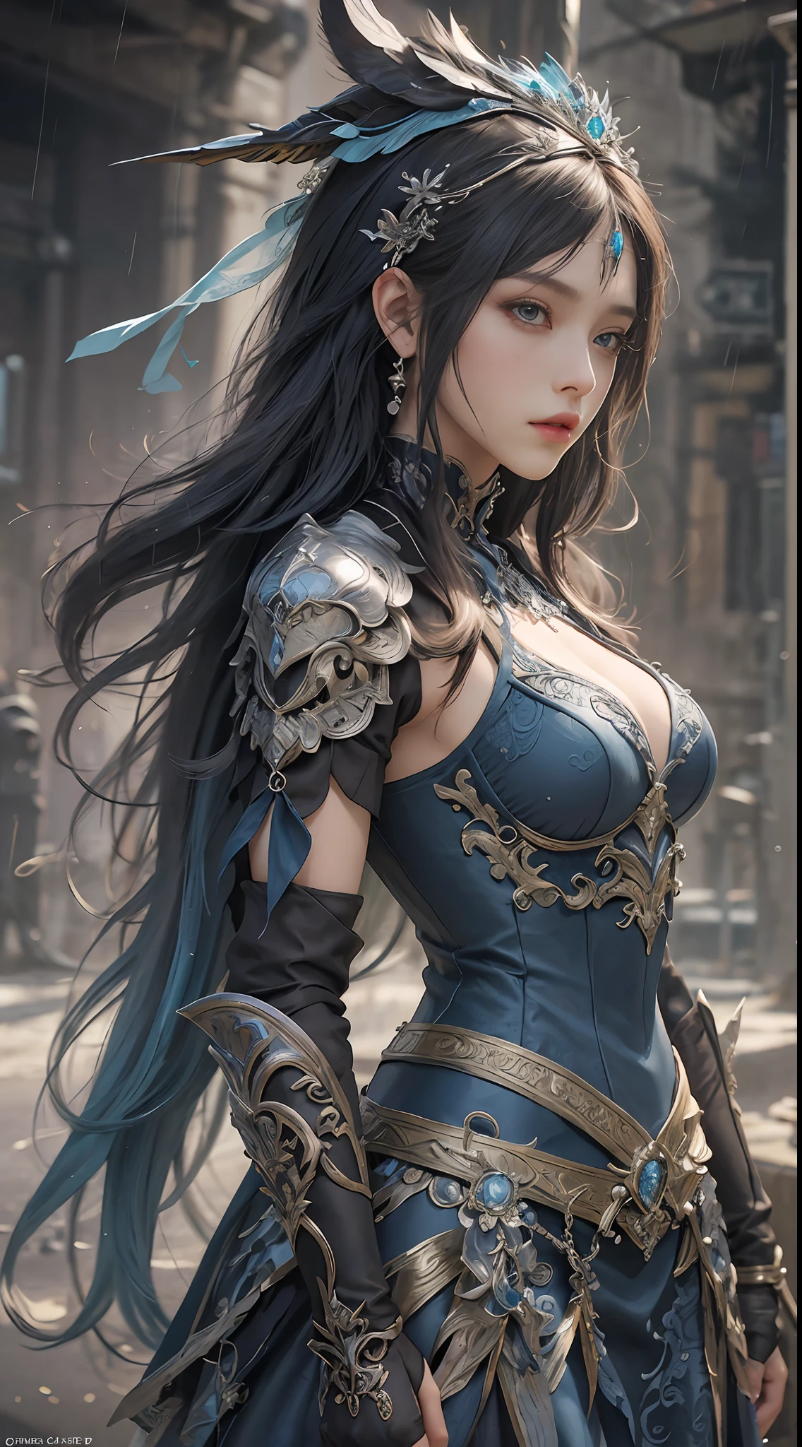 a woman in a blue dress, realistic Art Station, hard raining scene, Detailed Fantasy Art, Stunning Character Art, beautiful Exquisite Character Art, Beautiful black Armor, Extremely Detailed, blue armor Girl, Exquisite Intricate Headdress and Jewelry, whole body capture