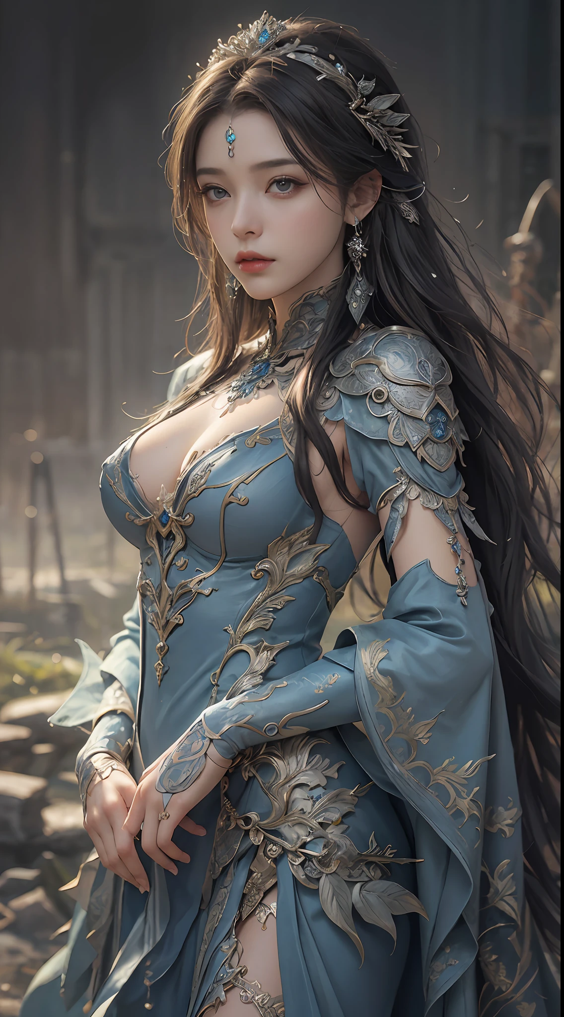 a woman in a blue dress, realistic Art Station, hard raining scene, Detailed Fantasy Art, Stunning Character Art, beautiful Exquisite Character Art, Beautiful black Armor, Extremely Detailed, blue armor Girl, Exquisite Intricate Headdress and Jewelry, whole body capture