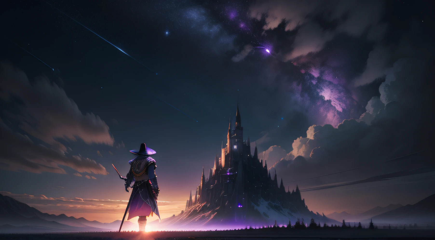 Expansive landscape photograph，（look from down，Above is the sky，Below are open fields），A swordsman standing on a flower field looking up，（moon full：1.2），（meteors：0.9），（Starcloud：1.3），Far Mountain, Tree BREAK making art，（Warm light source：1.2），（glowworm：1.2），lamp lights，Lots of purple and orange，Complicated details，Volumetric lighting BREAK（tmasterpiece：1.2），（best qualtiy），4k，ultra - detailed，（dynamic compositions：1.4），detail-rich，plethora of colors，（Irridescent color：1.2），（with light glowing，Atmospheric lighting），dream magical，magical，（独奏：1.2）