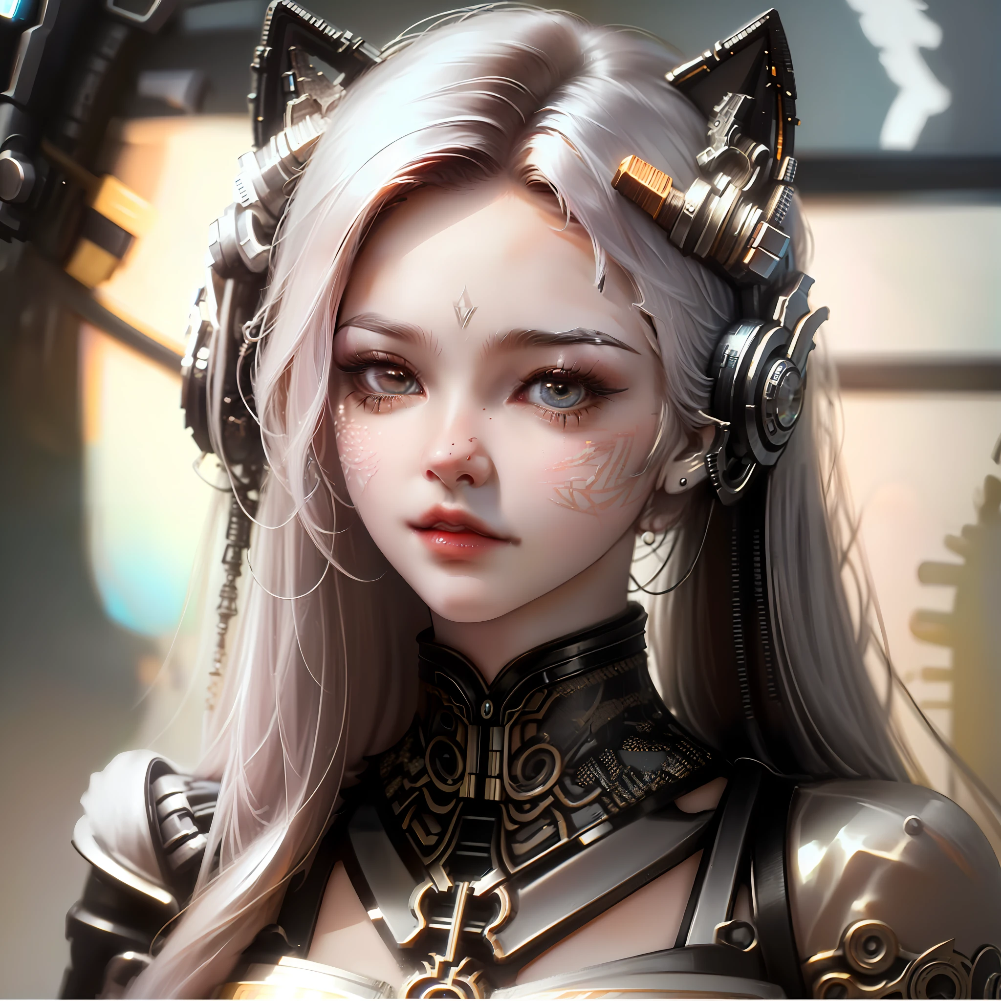 Macro lens, a cute kitten made out of metal, Cyborg, Cyberpunk Style, ((Intricate details)), hdr, ((Intricate details, ultra - detailed)), cinema shot, Vignette, Perfect (((Gorgeous face))), Highly detailed, Intricate