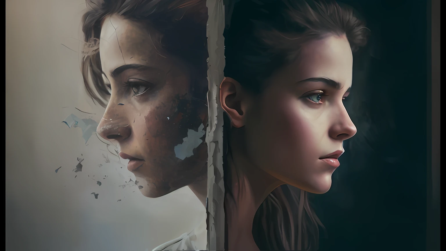There's a woman looking out a window with a torn wall, Retrato VFX altamente detalhado, retrato vfx altamente detalhado de, Cinematic realistic portrait, Arte digital realista 4K, Arte digital realista 4K, cinematic digital painting, cinematic digital art, cinematic portrayal, 8 k arte digital realista, pintura digital realista, pintura digital hiper-realista, arte digital realista