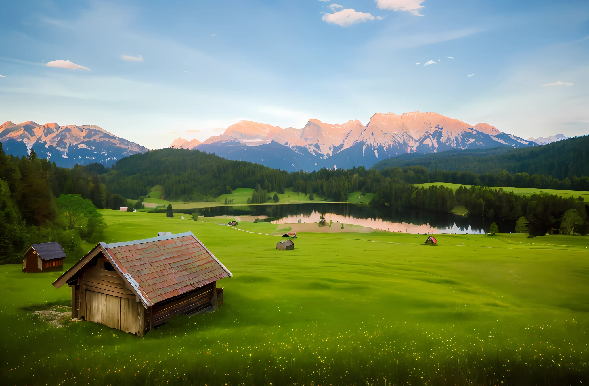 (scenecy,photography of,Ultra photo realsisim),rural landscape, Nature wallpaper,camera photography,real photograph,photography of,There are chalets in the wild,The mountains are in the background, Beautiful scenery, mountainous setting, summer morning light,there are snow-capped mountains in the distance,