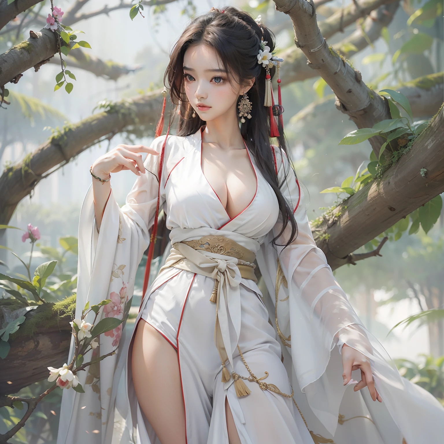 (best quality), (masterpiece), (1girl), solo, beautiful girl, perfect face, perfect body, big breast, sexy Hanfu, white Hanfu, simple line, hand draw