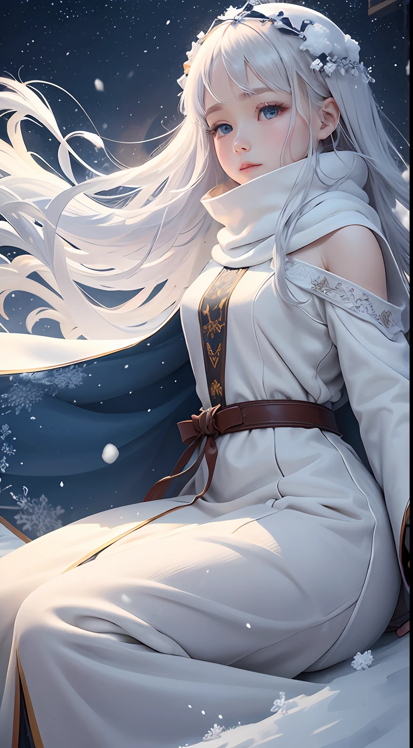 The background is heavy snowfall，White snowflakes dance in the air like silver butterflies，Cover the sky，Heaven and earth are in the middle of nowhere。The cold wind howled，The earth turned into a silent white picture，Inside, there is an ancient man looking up at the starry sky，Long hair like a waterfall --auto
