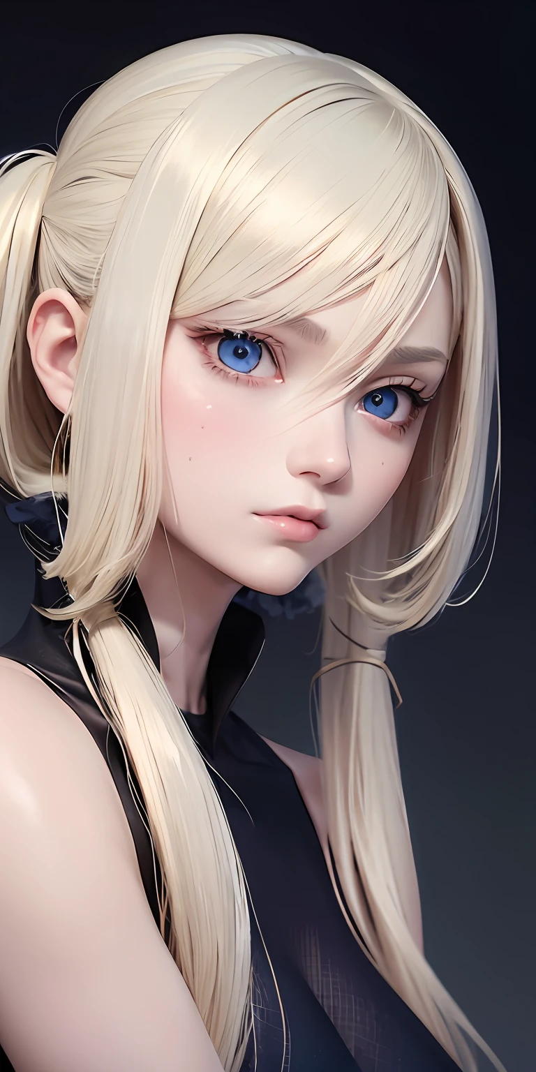 anime styled、One Person18Beautiful woman of age、Moisturized and beautiful eyes、ciri、a picture、androgynous hunnuman、oval jaw、Delicate features、Beautiful expression、Beautiful blonde hair、Long bangs、long pony tail、Blue eyes with a beautiful glow、LDS Art