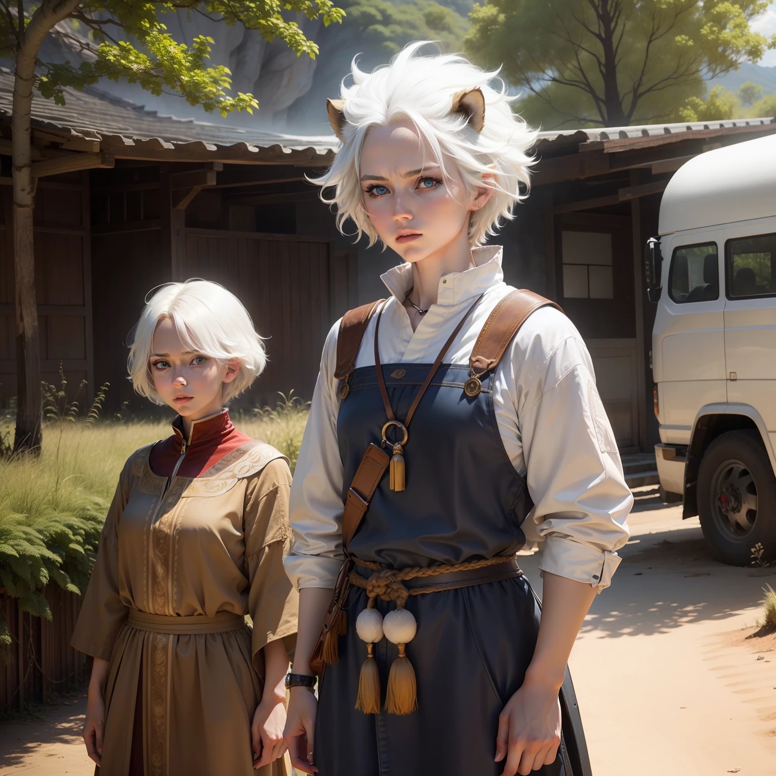 White hair,White skin,Woman,lion hair,short hair,Blue eyes,Live-action,traveller,boyish