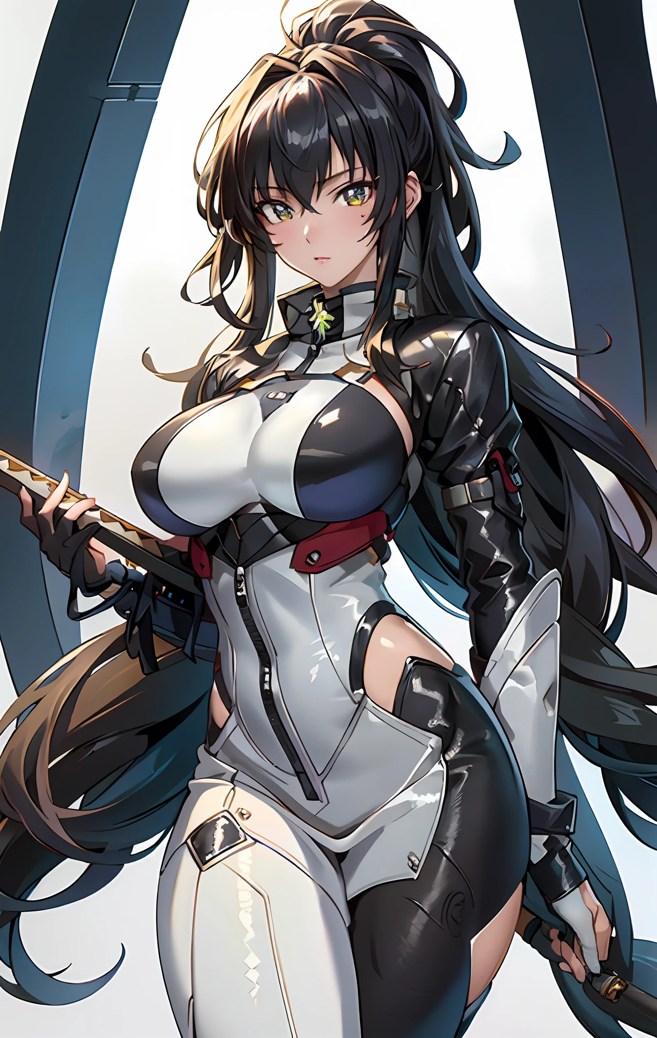 (masterpiece,best quality,ultra-detailed,highres,illustration:1.2),extremely detailed wallpaper,official art, amazing,high detail,ultra-detailed,extremely detailed 8k wallpaper,(character design),(simple background, white background: 1.3),(1girl),(solo),(young girl:1.2),(taimanin suit),sexy,perfect anatomy,beautiful face,ponytail hairstyle,black hair colour,big breasts,cowboy shot,standing,looking at viewer