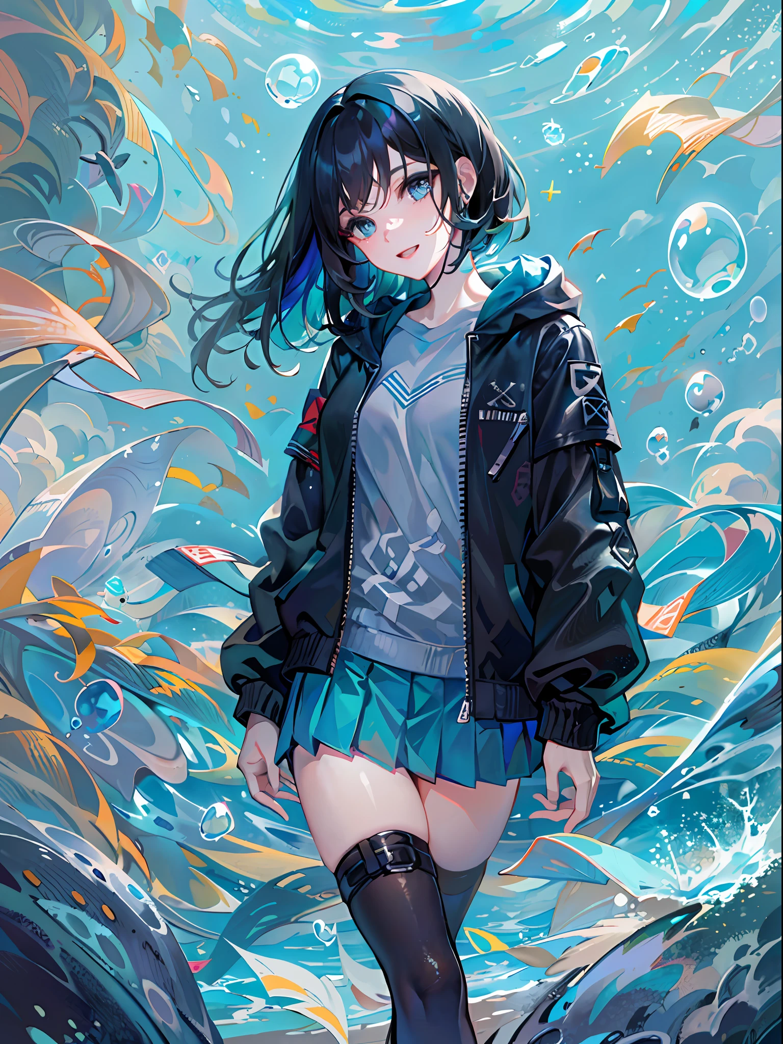 ((top-quality)), ((​masterpiece)), ((ultra-detailliert)), (extremely delicate and beautiful), girl with, 独奏, cold attitude,((Black jacket)),She is very(relax)with  the(Settled down)Looks,A dark-haired, depth of fields,evil smile,Bubble, under the water, Air bubble,bright light blue eyes,Inner color with black hair and light blue tips,Cold background,Bob Hair - Linear Art, a miniskirt、knee high socks