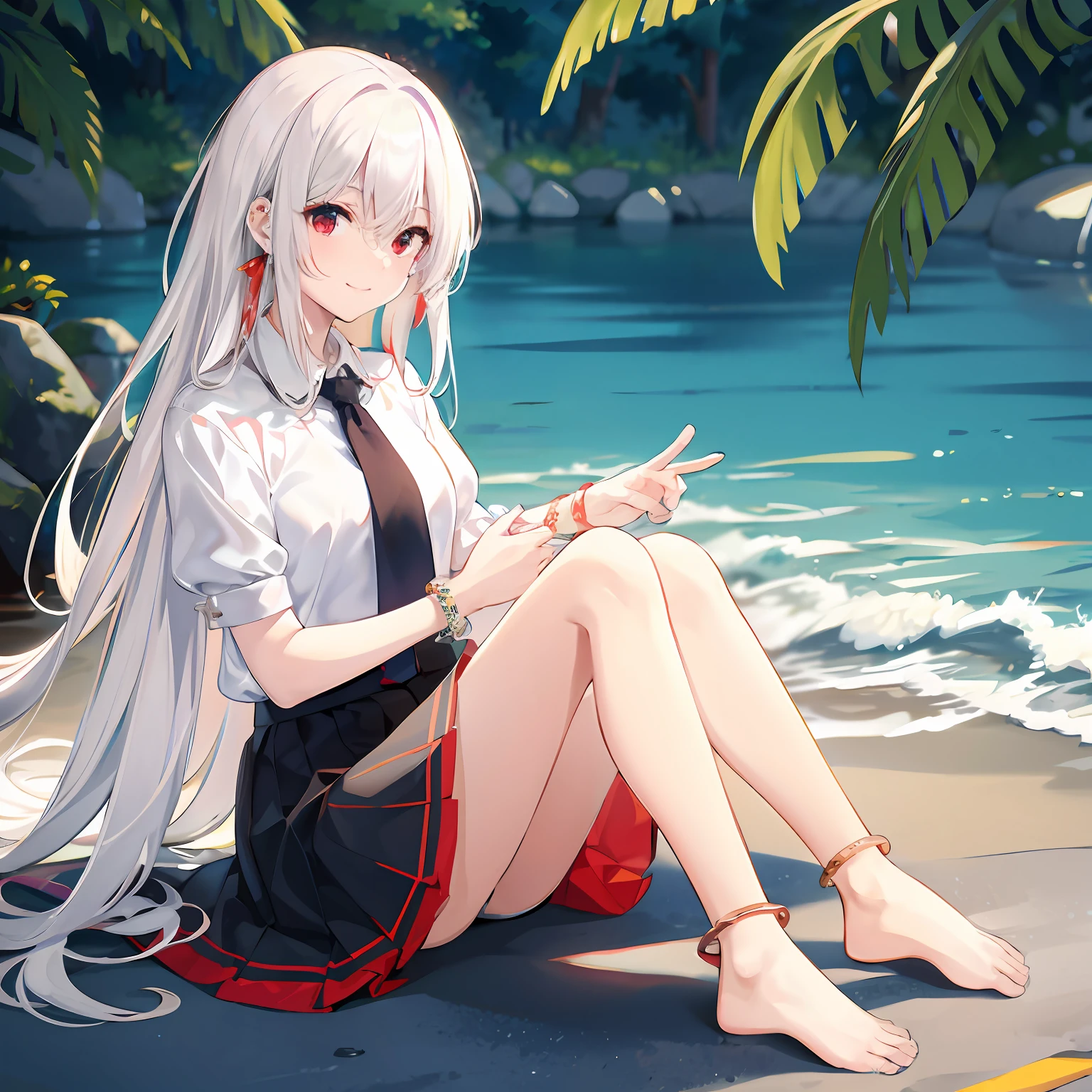 whaite hair，dishiveredhair，Red eyes，耳Nipple Ring，ssmile，white  shirt，short  skirt，Barefoot