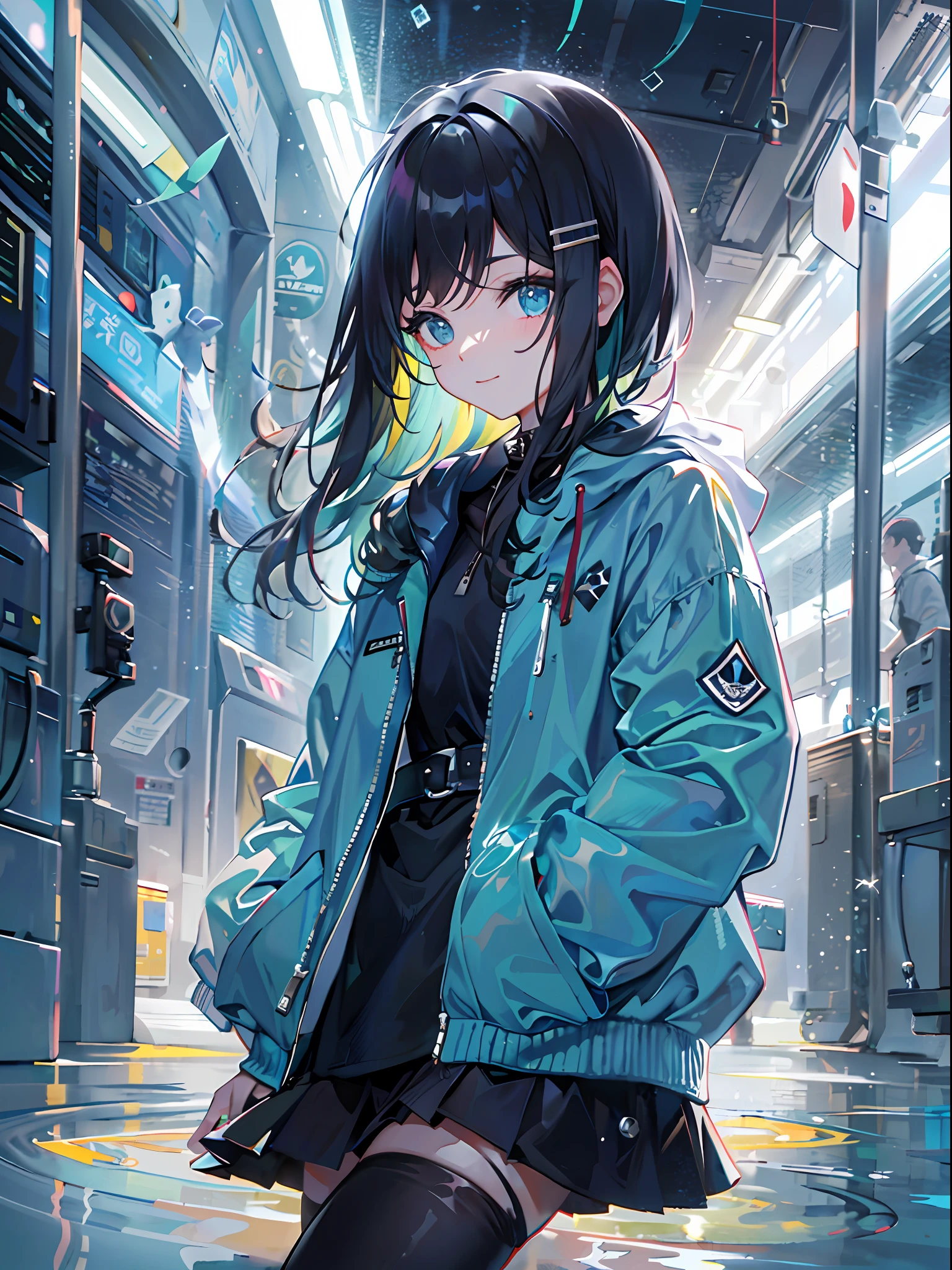 ((top-quality)), ((masterpiece)), ((ultra-detailliert)), (extremely delicate and beautiful), girl with, 独奏, cold attitude,((Black jacket)),She is very(relax)with the(Settled down)Looks,A dark-haired, depth of fields,evil smile,Bubble, under the water, Air bubble,bright light blue eyes,Inner color with black hair and light blue tips,Cold background,Bob Hair - Linear Art, a miniskirt、knee high socks