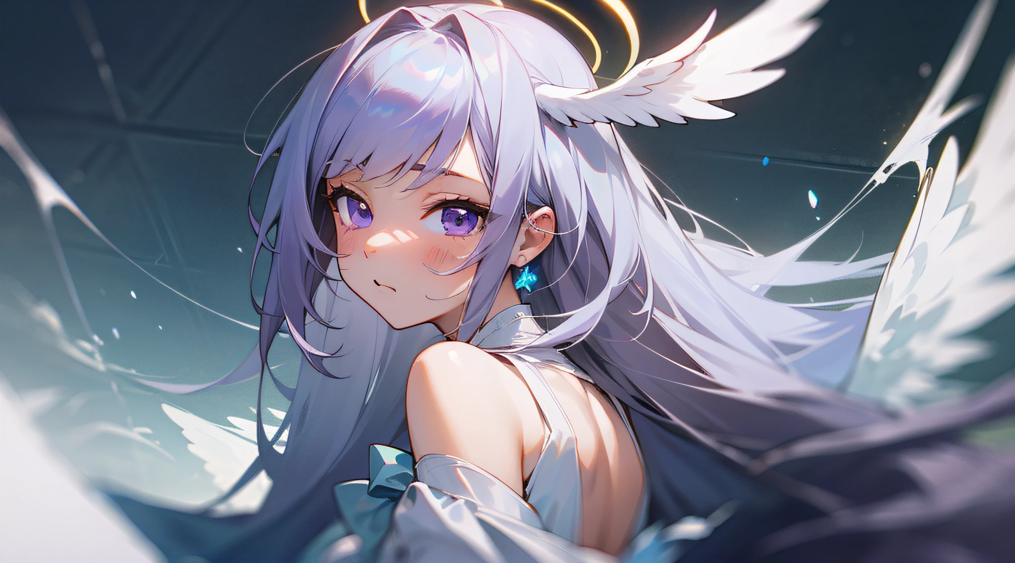 {the best ever}, {top-quality}, The girl was expressionless, Angel, Animated, The upper part of the body_Body, Very long hair, Hair intake, Messy gray hair, Beautiful face, extremely detailed cute anime face, Purple eyes, bow ribbon, Halo, angel wing, white_Dress, flowingwater, Detailed ice, Surreal, full bodyesbian, Looking back, Watching from the side