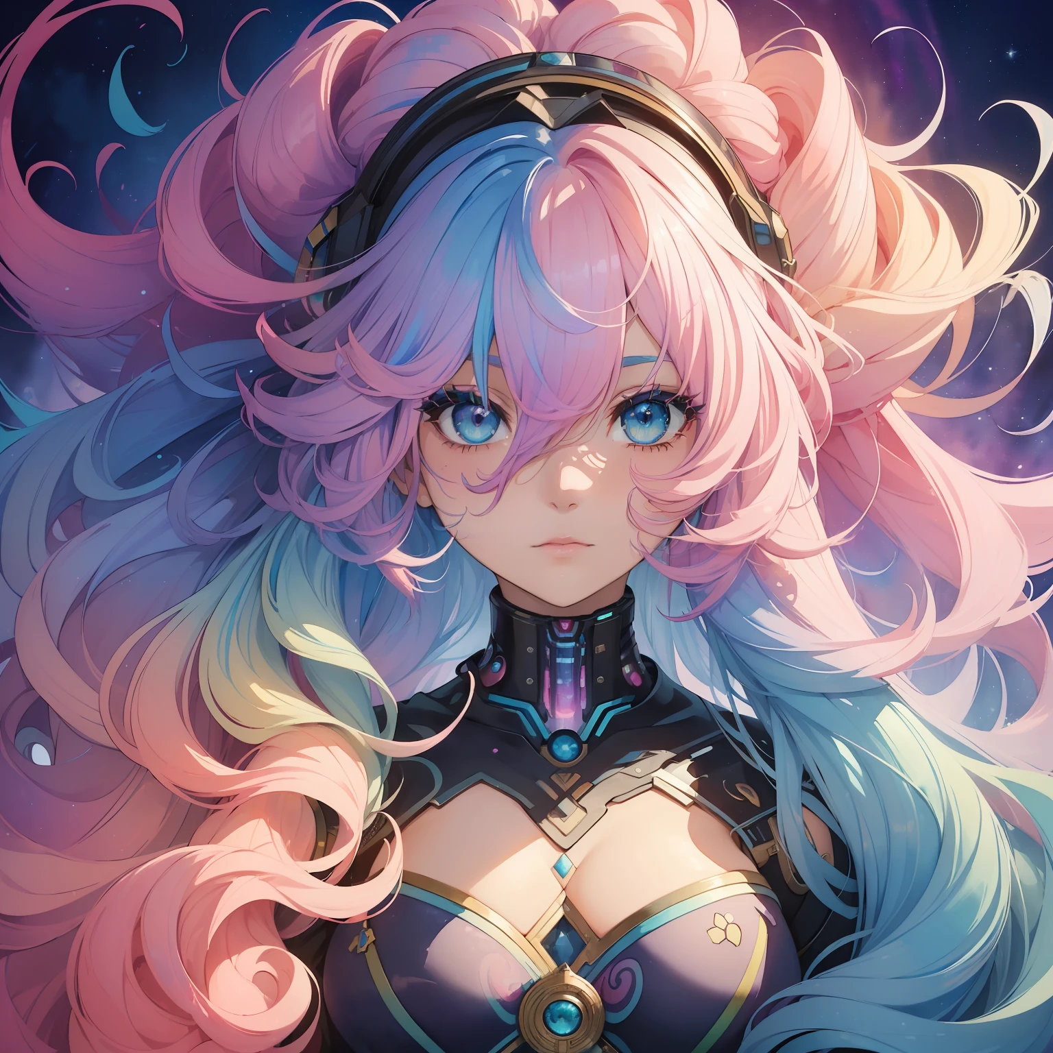 (masterpiece、top-quality、top-quality、watercolor paiting(Curly)、Official Art、Beautifully Aesthetic:1.2)、(1girl in:1.3)、(cyborgs:1.3)、(Fractal art:1.3)、patterns、(rainbow-colored hair、colourful hair、Half blue and half pink hair:1.2)、(kosmos:1.3)