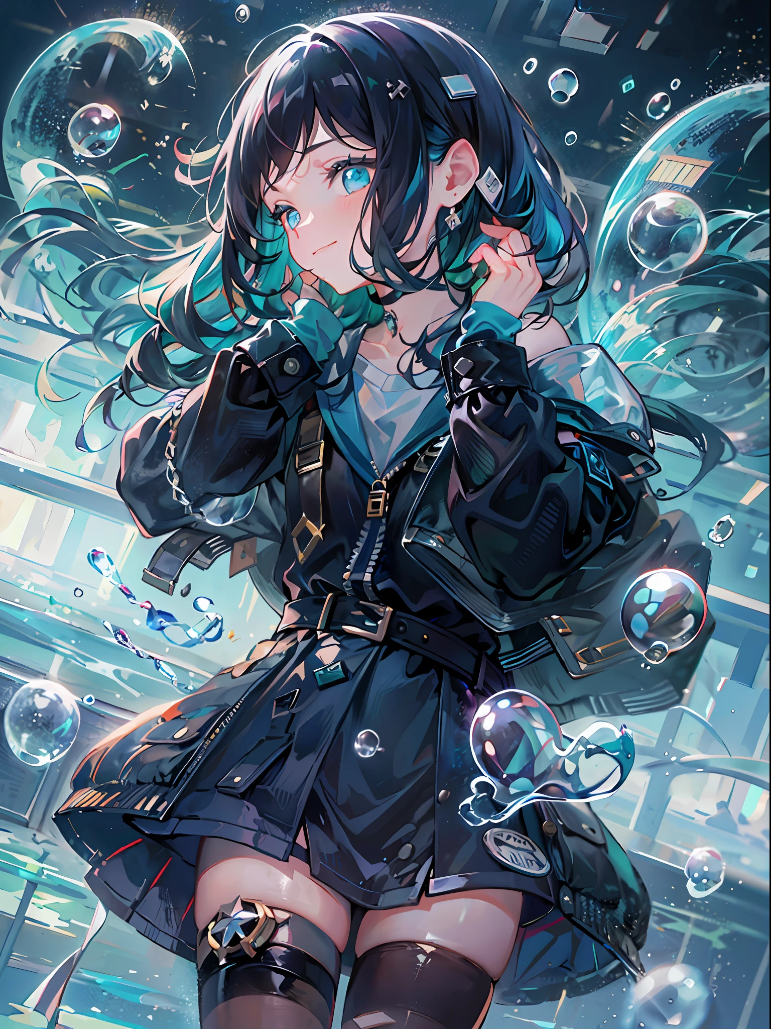 ((top-quality)), ((​masterpiece)), ((ultra-detailliert)), (extremely delicate and beautiful), girl with, 独奏, cold attitude,((Black jacket)),She is very(relax)with  the(Settled down)Looks,A dark-haired, depth of fields,evil smile,Bubble, under the water, Air bubble,bright light blue eyes,Inner color with black hair and light blue tips,Cold background,Bob Hair - Linear Art, a miniskirt、knee high socks