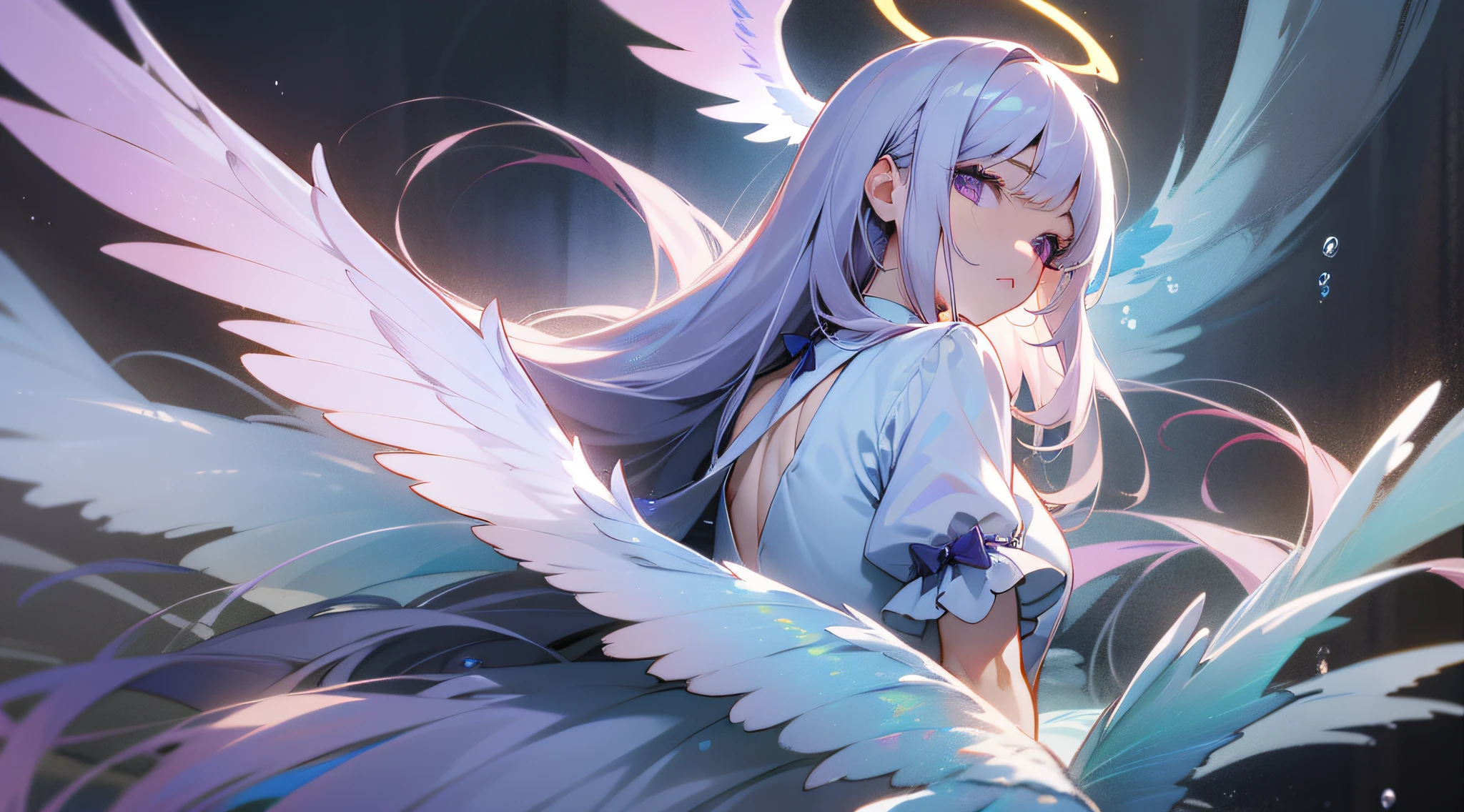 {the best ever}, {top-quality}, The girl was expressionless, Angel, Animated, The upper part of the body_Body, Very long hair, Hair intake, Messy gray hair, Beautiful face, extremely detailed cute anime face, Purple eyes, bow ribbon, Halo, angel wing, white_Dress, flowingwater, Detailed ice, Surreal, full bodyesbian, Looking back, Watching from the side