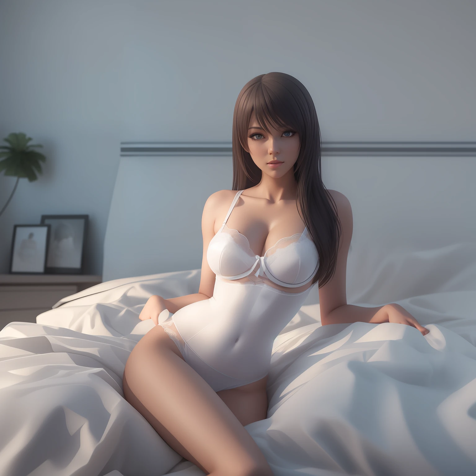 there is a woman in a white bra top laying on a bed, a 3D render by Jin Homura, Artstation, conceptual art, seductive girl, smooth cg art, photorealistic girl render, 3D realistic, photorealistic,. soft lighting, realistic 3D style, realistic shaded perfect body, rendered in sfm
