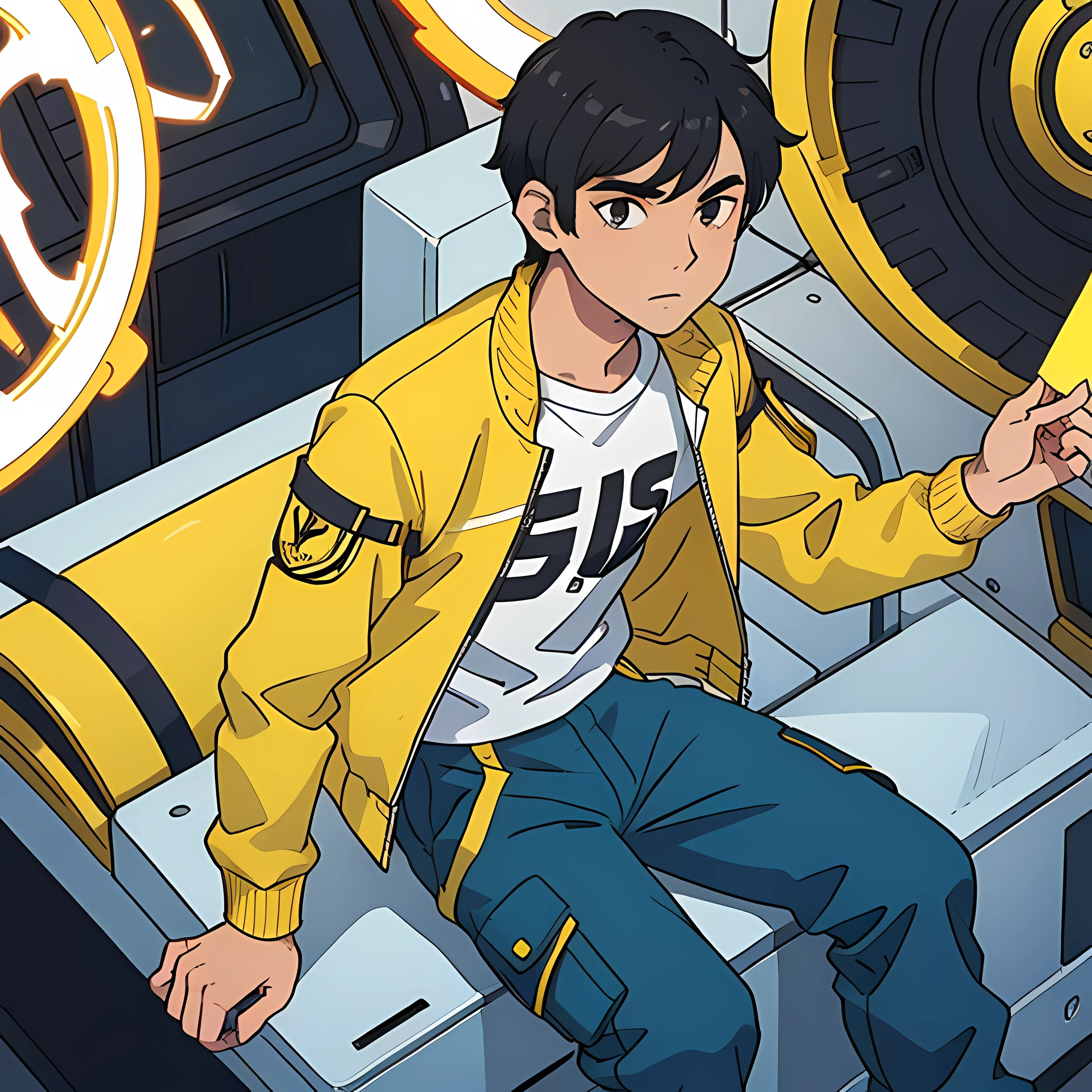 black haired, young man in a white and yellow sci fi jacket, blue t-shirt and red cargo pants