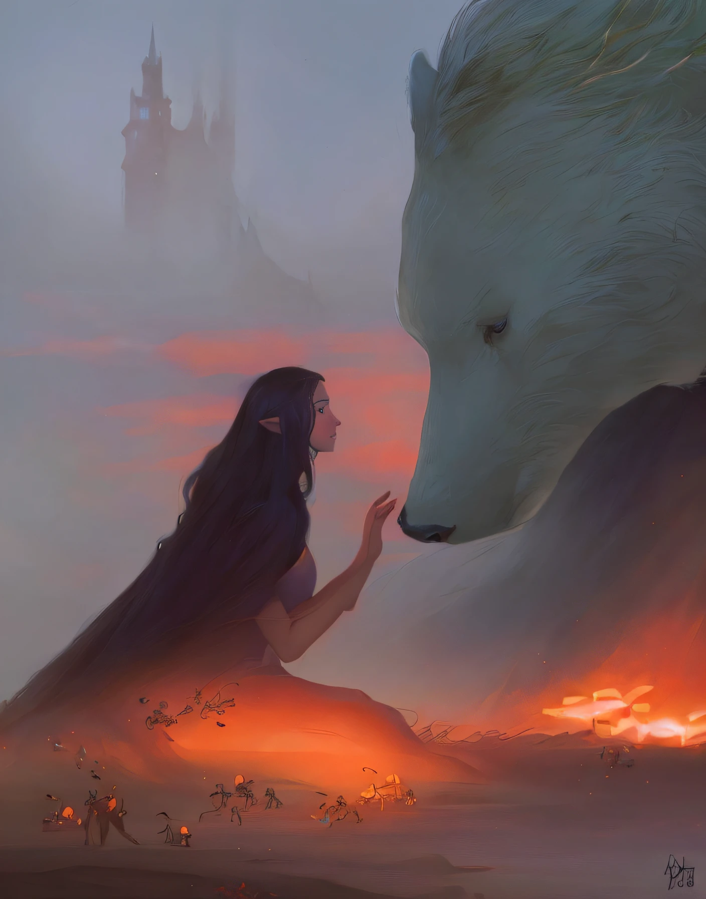 araffe and a woman are touching noses with a large bear, luthien, yuri shwedoff and tom bagshaw, an ominous fantasy illustration, realistic fantasy illustration, loish and wlop, by Cynthia Sheppard, anato finnstark and alena aenami, in style of dark fantasy art, lord of the ring art, dark fantasy style art