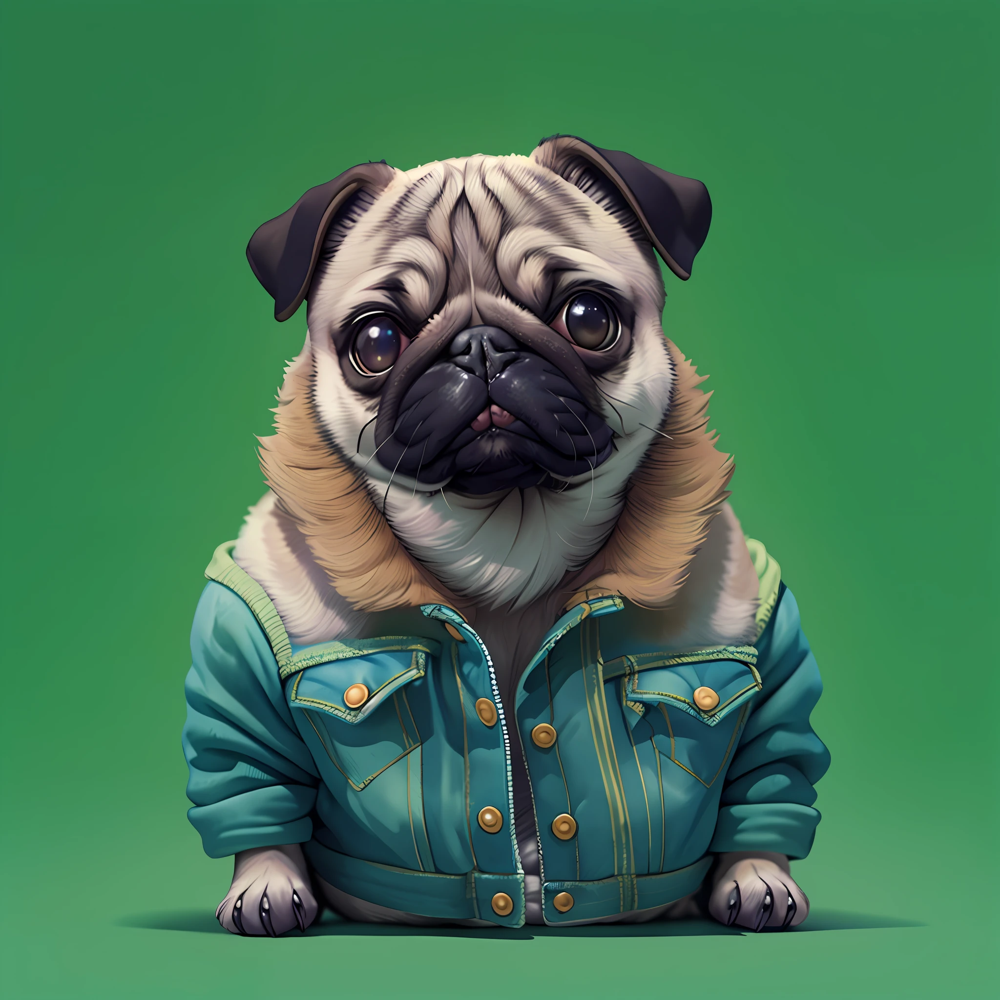 "Arte conceitual imaginativa de uma criatura fofa inspirada em Lora, with the appearance of a pug wearing a denim jacket. (tag CuteCreatures ponderada em 0,9)"