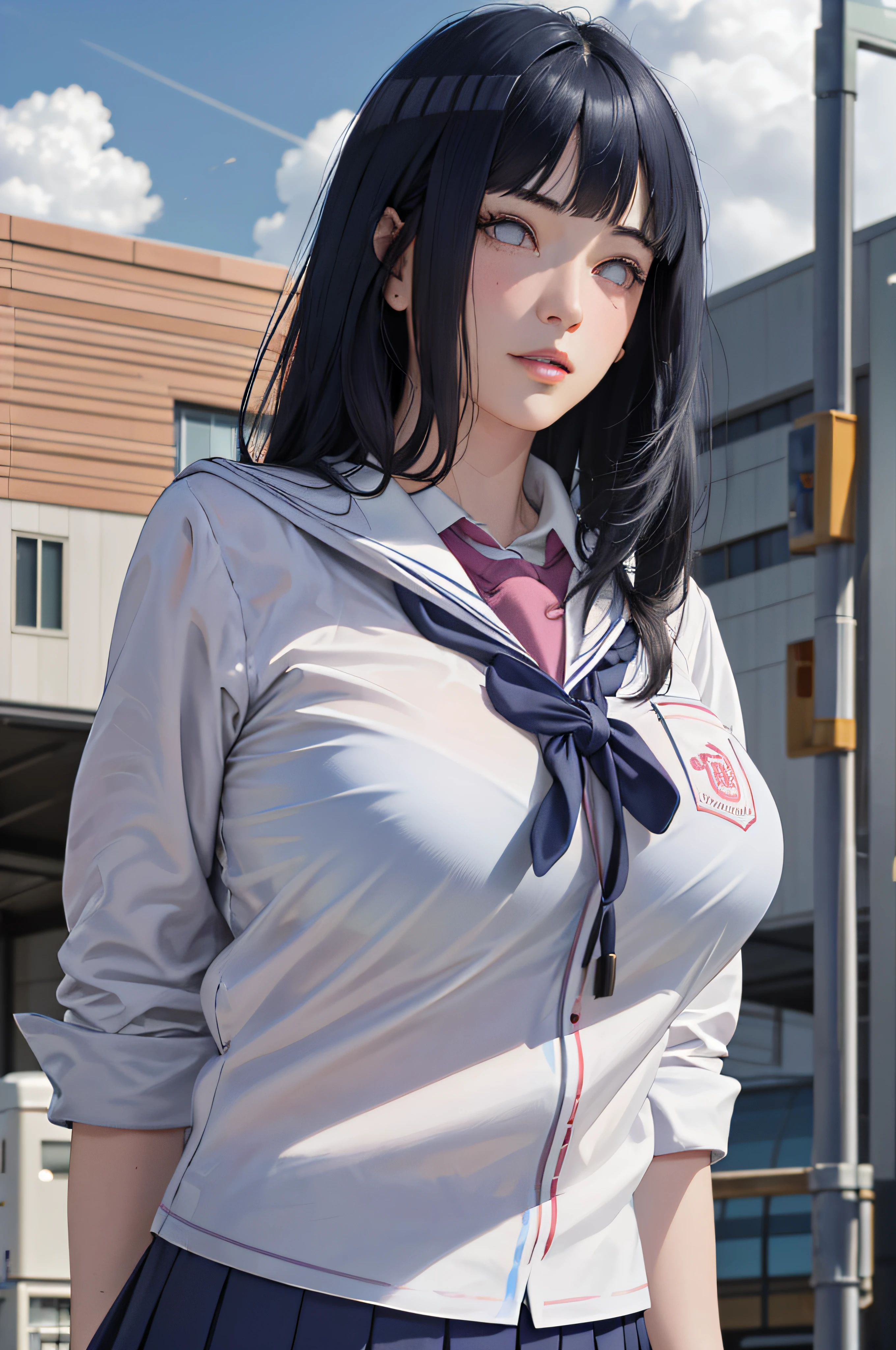 masterpiece, hinata\(boruto\), 1girl, solo, young female, ((((high school uniform)))), (high School), outdoors, looking at viewer, cloudy sky, perfect composition, detailed lips, school building, big breast, beautiful face, body propotion, blush, (pink lips), ((long hair)), purple eyes, soft gaze, sad smile, super realistic, detailed, photoshoot, realistic face and body, realistic hair, realistic eyes, realistic nose, realistic lips, (((dark blue hair))), 19 years old girl, flowing skirt