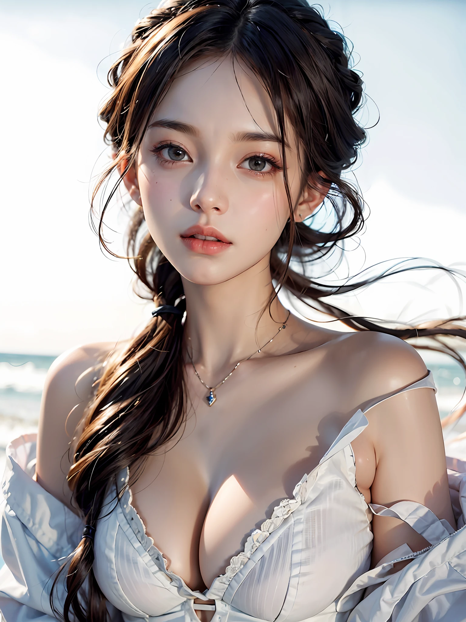 A 23-year-old woman，（high-top fade：1.3），long whitr hair，dark themes，soothing tones，pastel colour，hight contrast，（Natural skin texture，ultra-realistic realism，the soft light，Sharp），Exposed cleavage