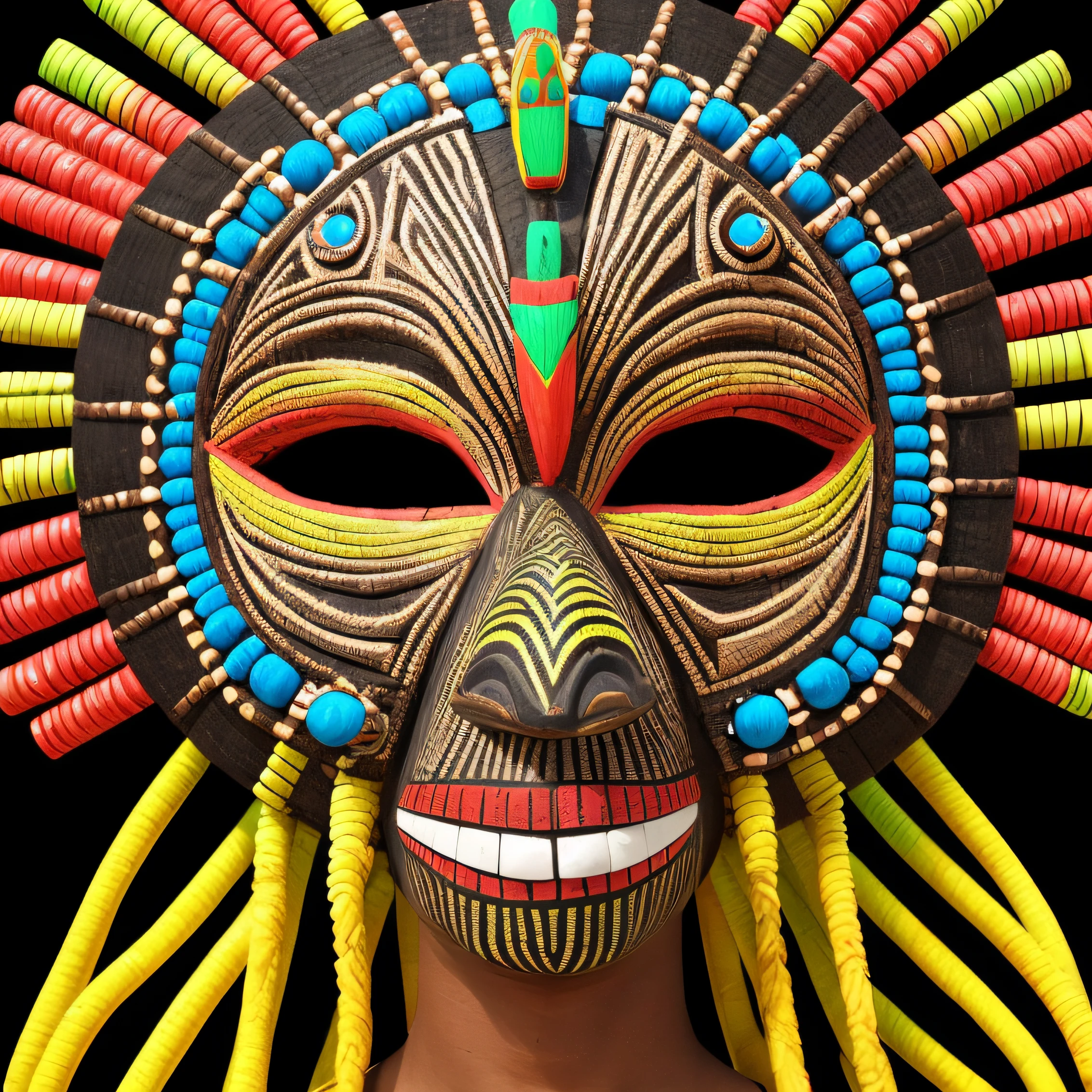 Create a super colorful African tribal mask with lots of details, fundo branco, 8k, melhor qualidade, imagem profissional, sem sombras, cores vivas, imagem realista