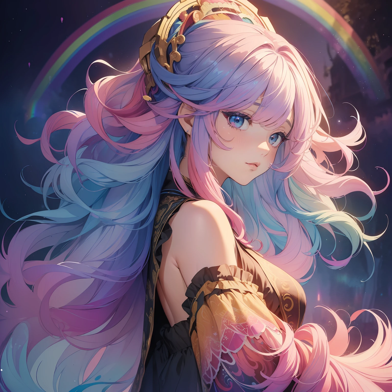 (masterpiece、top-quality、top-quality、watercolor paiting(Curly)、Official Art、Beautifully Aesthetic:1.2)、(1girl in:1.3)、(Fractal art:1.3)、The upper part of the body、from side、looking at the viewers、patterns、(rainbow-colored hair、colourful hair、Half blue and half pink hair:1.2)